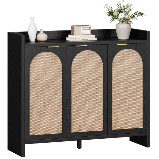 Curlaky Rattan Shoe Storage Cabinet, Wooden Shoe Rack Organizer Cabinet with Adjustable Shelves and 3 Doors, Shoe Storage Cabinet for Entryway Living Room Closet