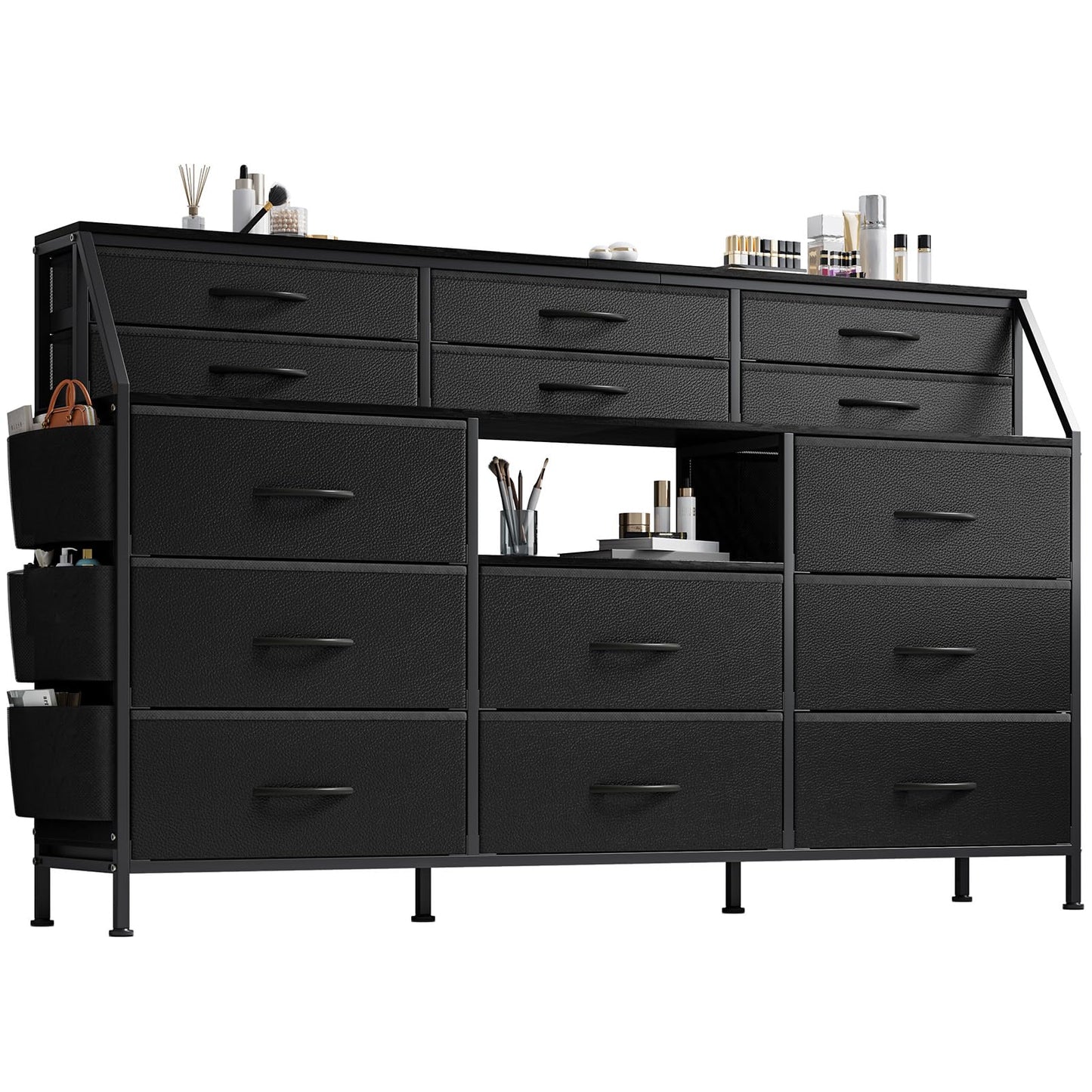 GarveeHome Dresser for Bedroom with 14 Drawers, 55 in W Dresser with Side Pocket, Fabric Dressers & Chests of Drawers with Shelves, Sturdy Frame, Wood Top