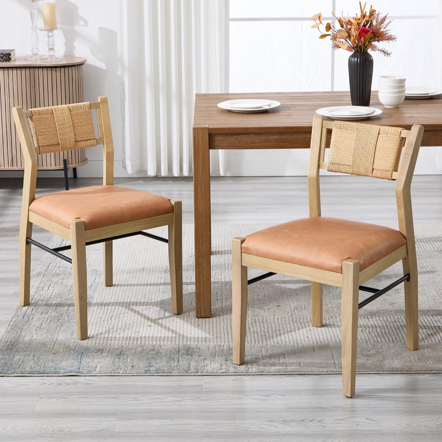 CIMOTA Wooden Dining Chairs Set of 2, Rope Woven Back,Upholstered Dining Room Chairs with Brown Faux Leather 2.25" Padded Seat, Mid-Century Modern Farmhouse Armless Kitchen Side Chairs for Dining Room