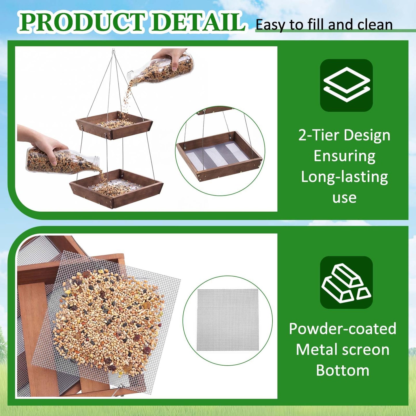 Ferrochef 2 Tier Large Platform Cedar Bird Feeders with Round Hanging Birds Watering Tray, Bird Bath, Wooden Mesh Seed Tray Platform for Outdoors Garden Decor, for Cardinal Blue Jay