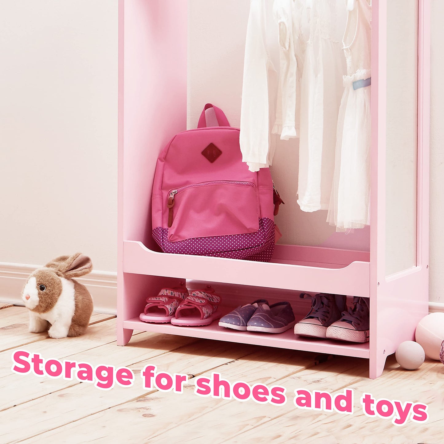 Teamson Kids - Kids Clothed Rack, Girl Dress Up Closet, Kids Dress Up Wardrobe, Dress Up Furniture Hanging Rack for Kids, Toddler Dress Up Station, Wooden Dress Up Unit with Hooks and Mirror - Pink