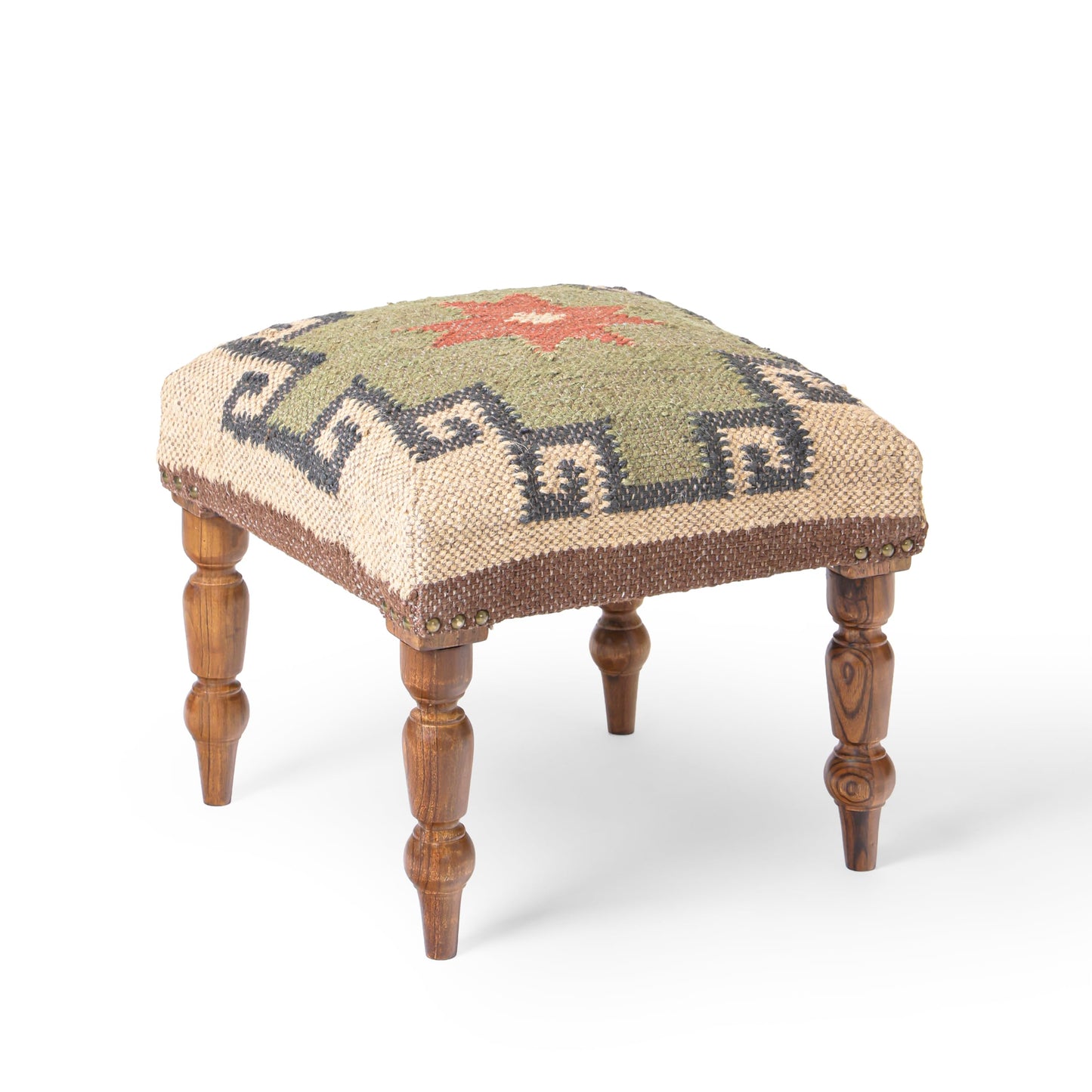 NATURAL FURNISH Solid Wood Upholstered Footstool | Handmade Southwestern Pattern Ottoman with Turned Wooden KD Legs | Decorative Accent Stool for Living Room, Entryway & End of Bed (Gray and Tan)