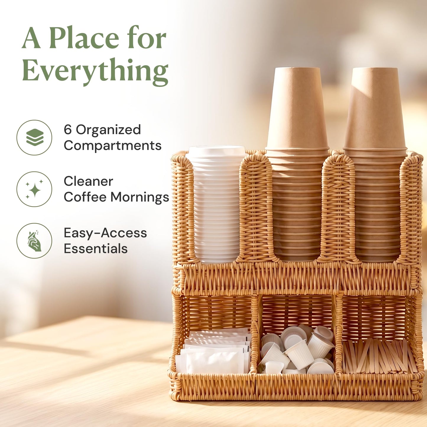 Cantalop Cup and Condiment Holder, Coffee Station Organizer for Cups Lids Sugar Creamer and Stirrers, Handwoven Countertop Coffee Bar Organizer for Office Breakroom