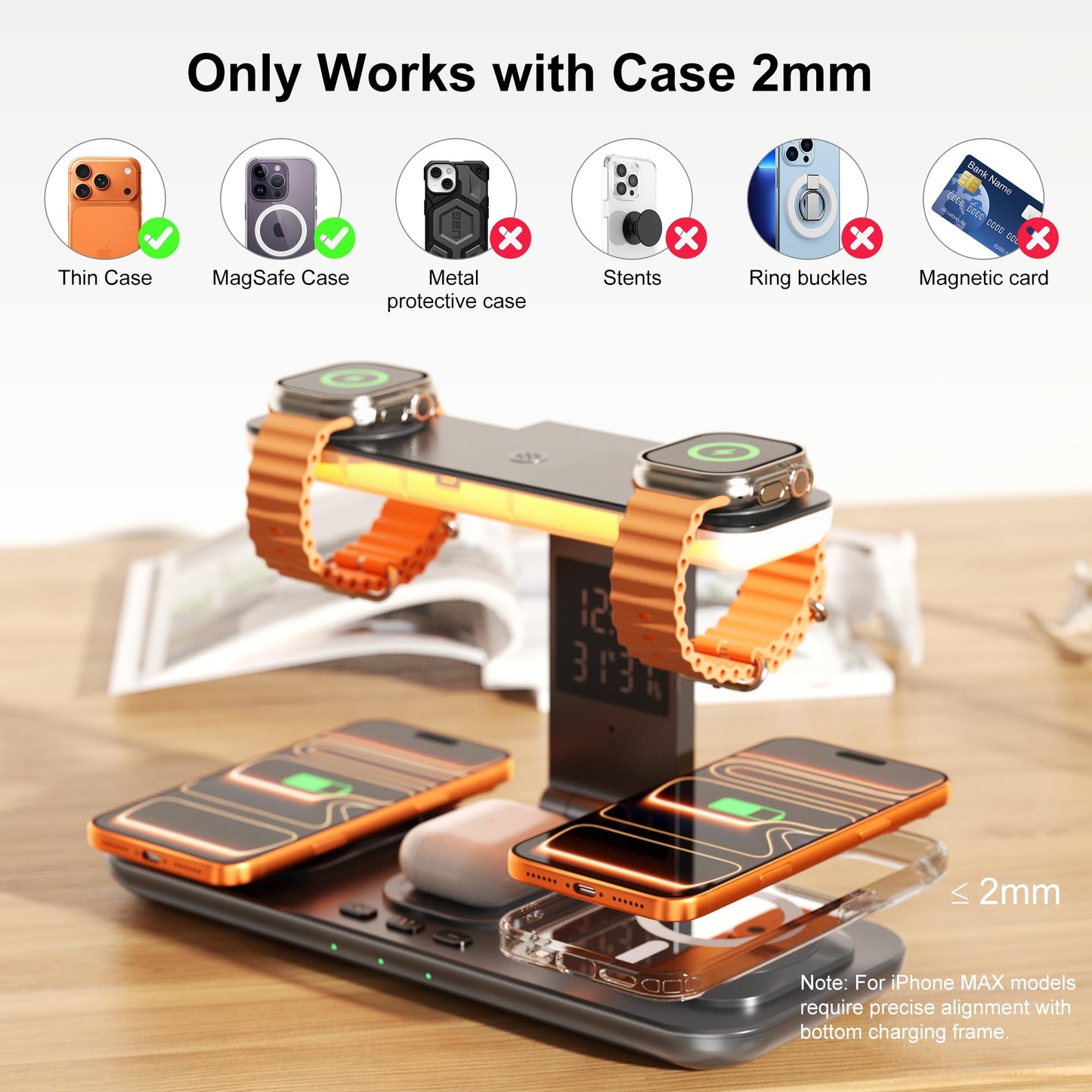 7-in-1 Wireless Dual Phone Charging Station for Apple, Dual Magsafe Charger for iPhone 17-12 Series, for Dual Apple Watch Charger for iWatch, with Air Pods Charger, Night Light & Clock