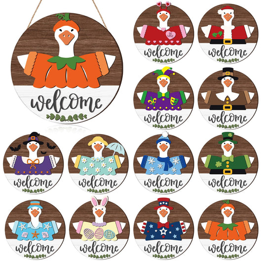 Weysat 25 Pcs Interchangeable Wooden Goose Decor, 11.8 Inch Holiday Seasonal Welcome Changeable Geese Signs Rustic Farmhouse Front Door Round Wreaths Wall Hanging Decorations for Porch Home Outdoor