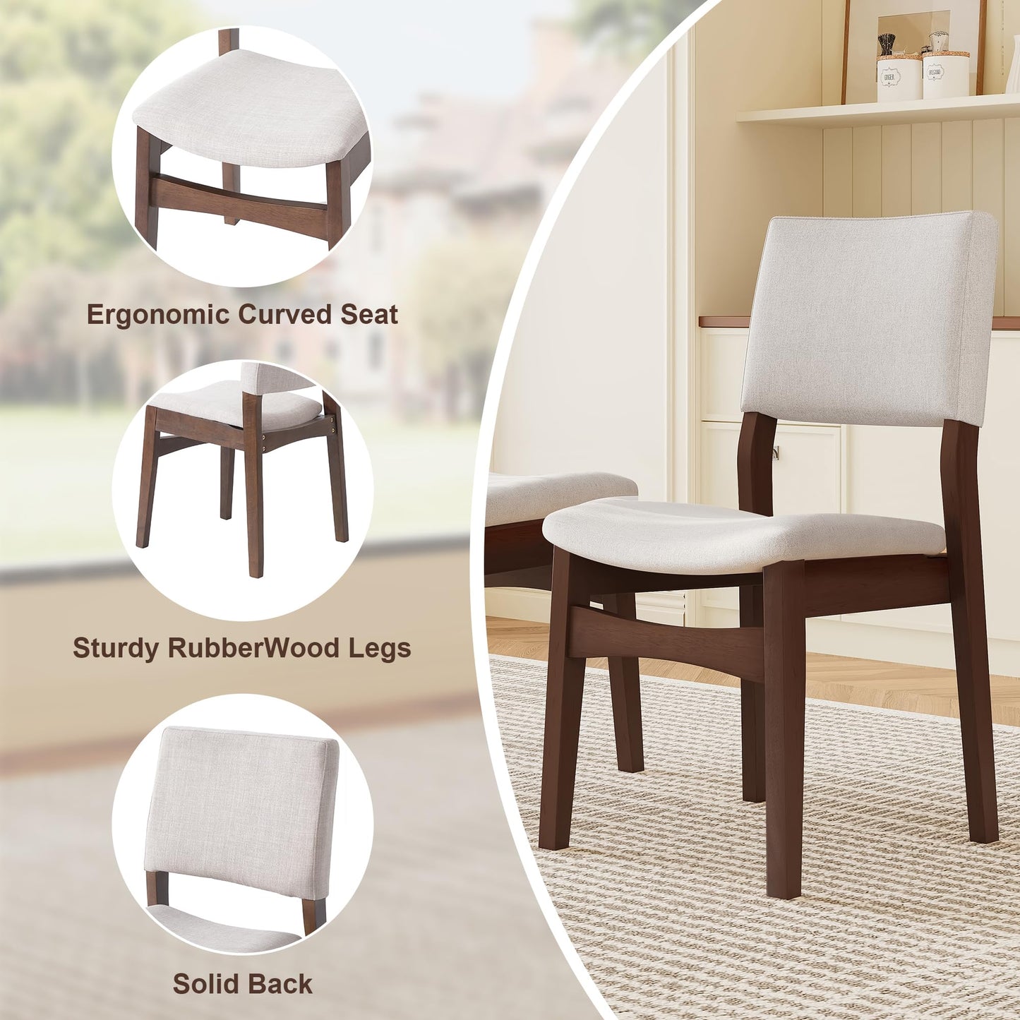 Upholstered Stackable Dining Chairs Set of 2 Linen Fabric Seat Backrest, Solid Wood Frame, Rustic Kitchen Chairs for Dining Room, Living Room, Dark Walnut