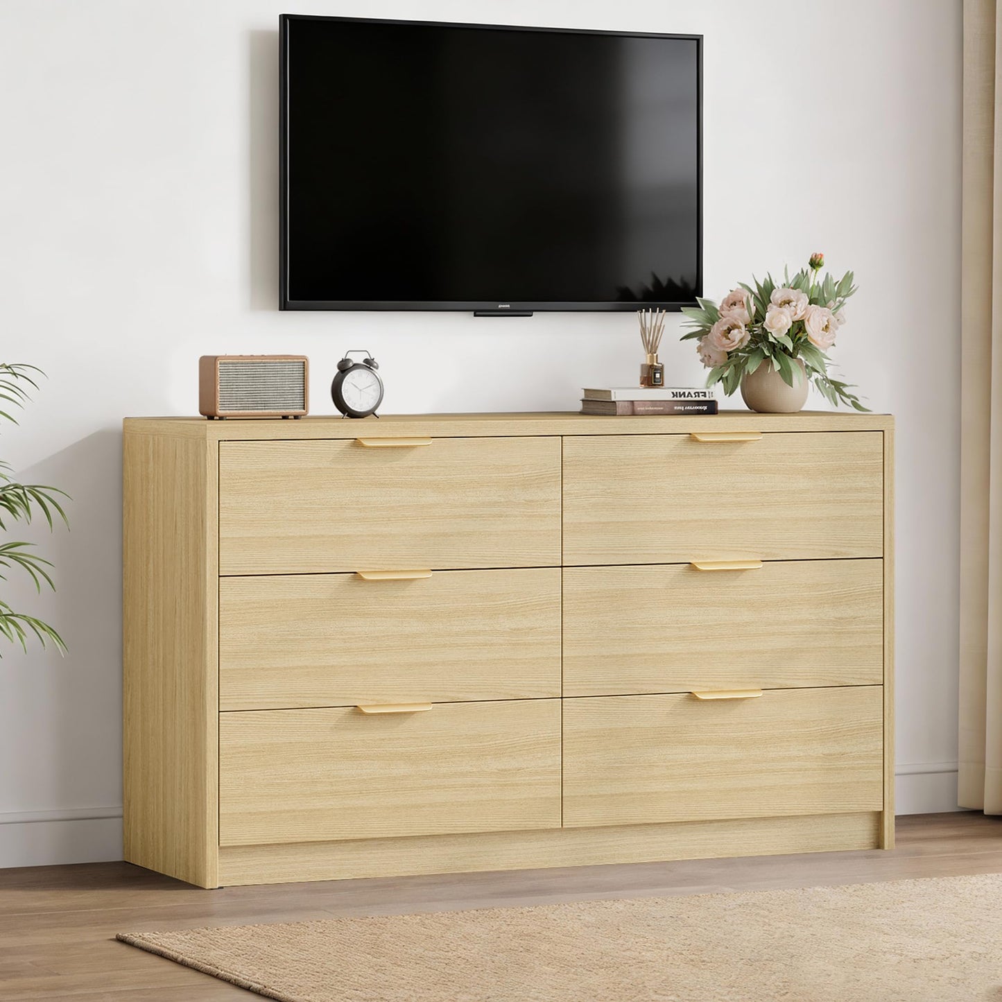 MapleGrace 53" Wide 6 Drawer Dresser for Bedroom, Modern Simple Wood Dresser Chest of Drawers Closet Store Organizer for Living Room, Hallway (Light Oak, 5.4" D x 53.1" W x 30.9" H (6 Drawers))