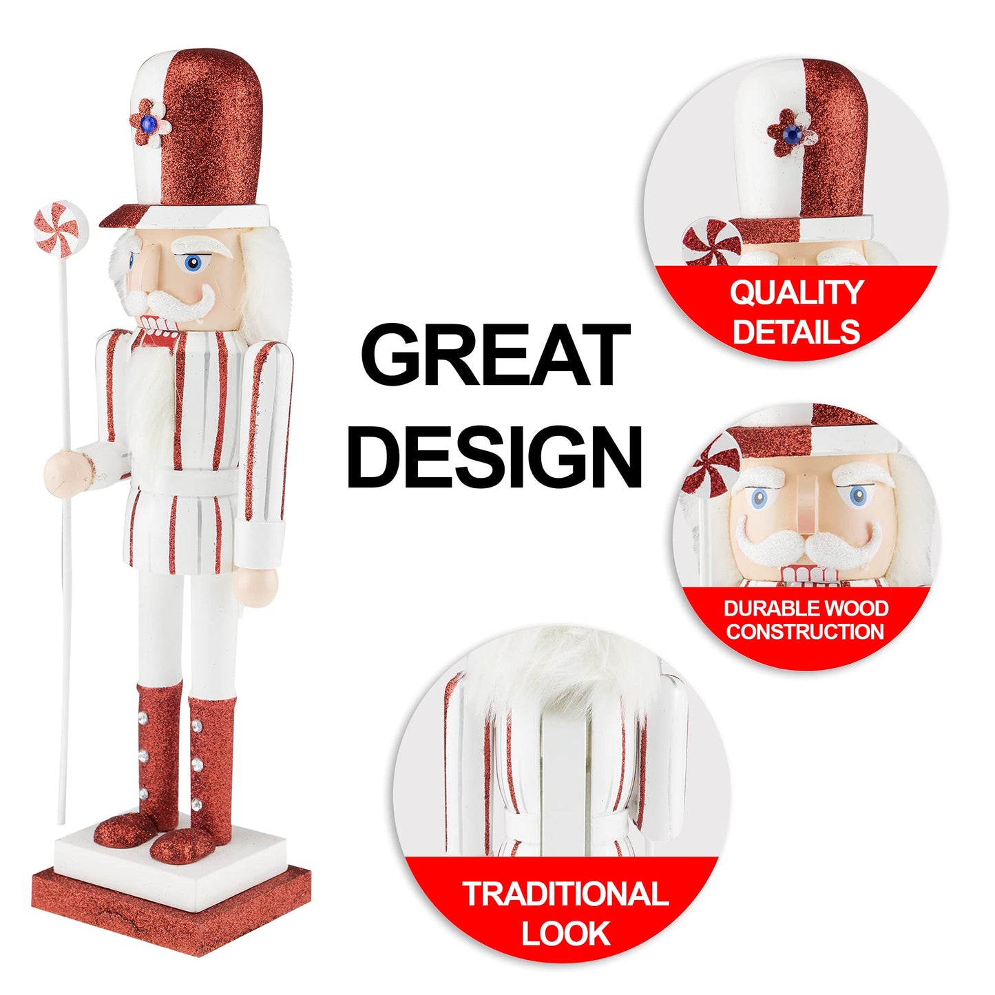 Clever Creations Peppermint 15 Inch Traditional Wooden Nutcracker, Festive Christmas Décor for Shelves and Tables