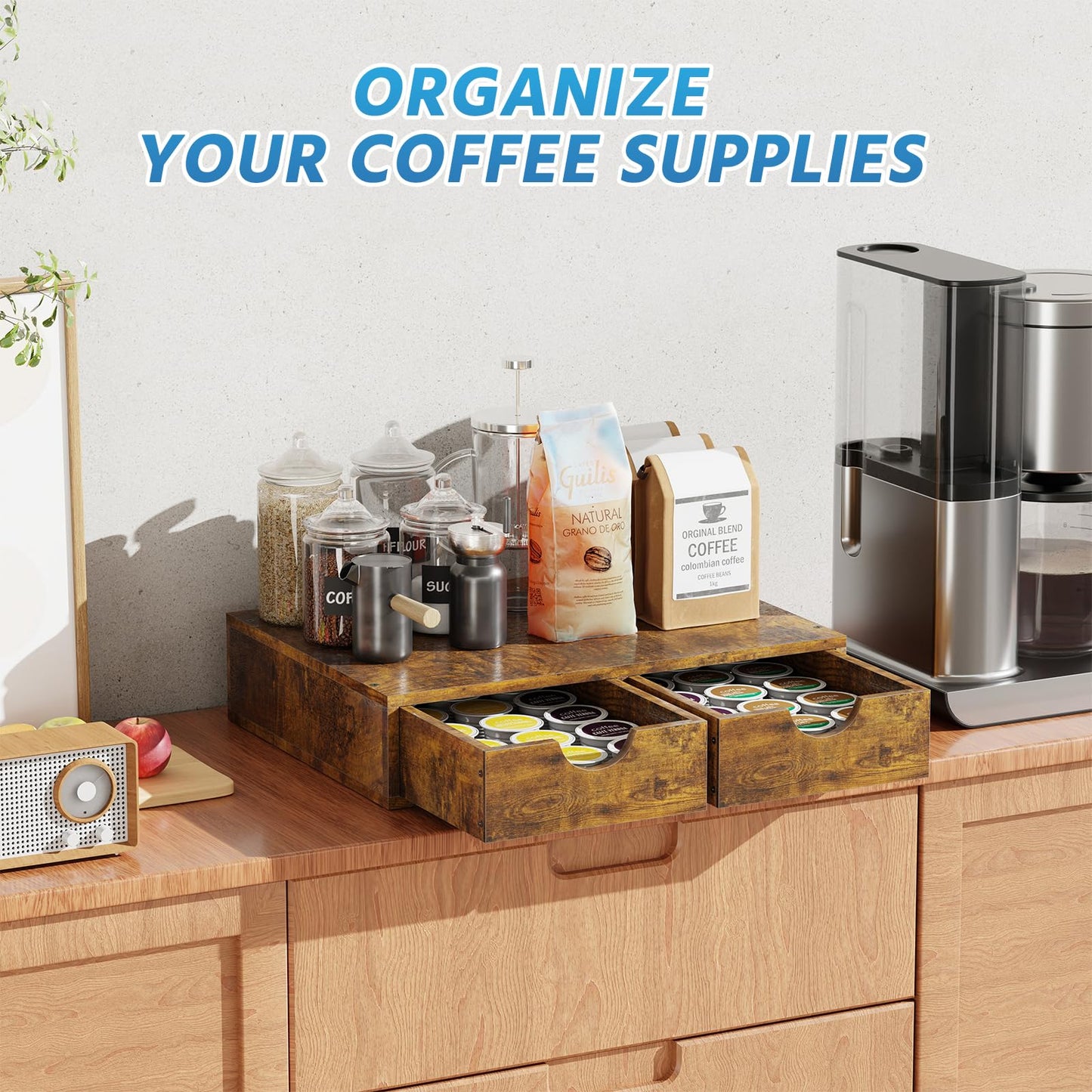 Simple Trending Wooden Coffee Pod Holder Drawer, K Cup Drawer Organizer, Coffee Pod Storage Box Compatible with Nespresso Vertuo Capsules for Coffee Station, Office, 30 Pod Capacity
