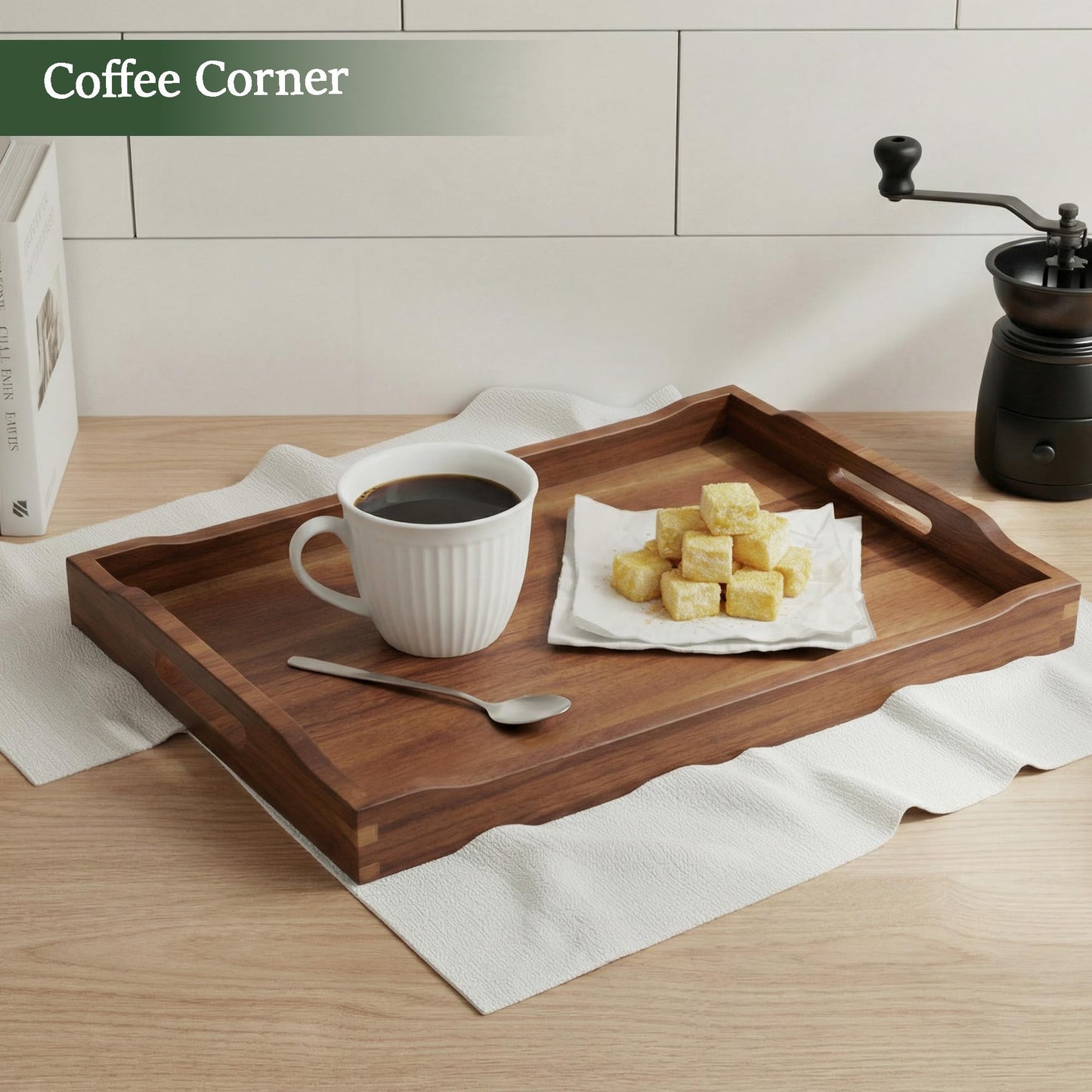 Plusinthebox Acacia Wood Serving Tray with Handles, Rectangular Wooden Ottoman Tray for Coffee Table, Breakfast in Bed, Drinks, Kitchen Countertop and Home Decor