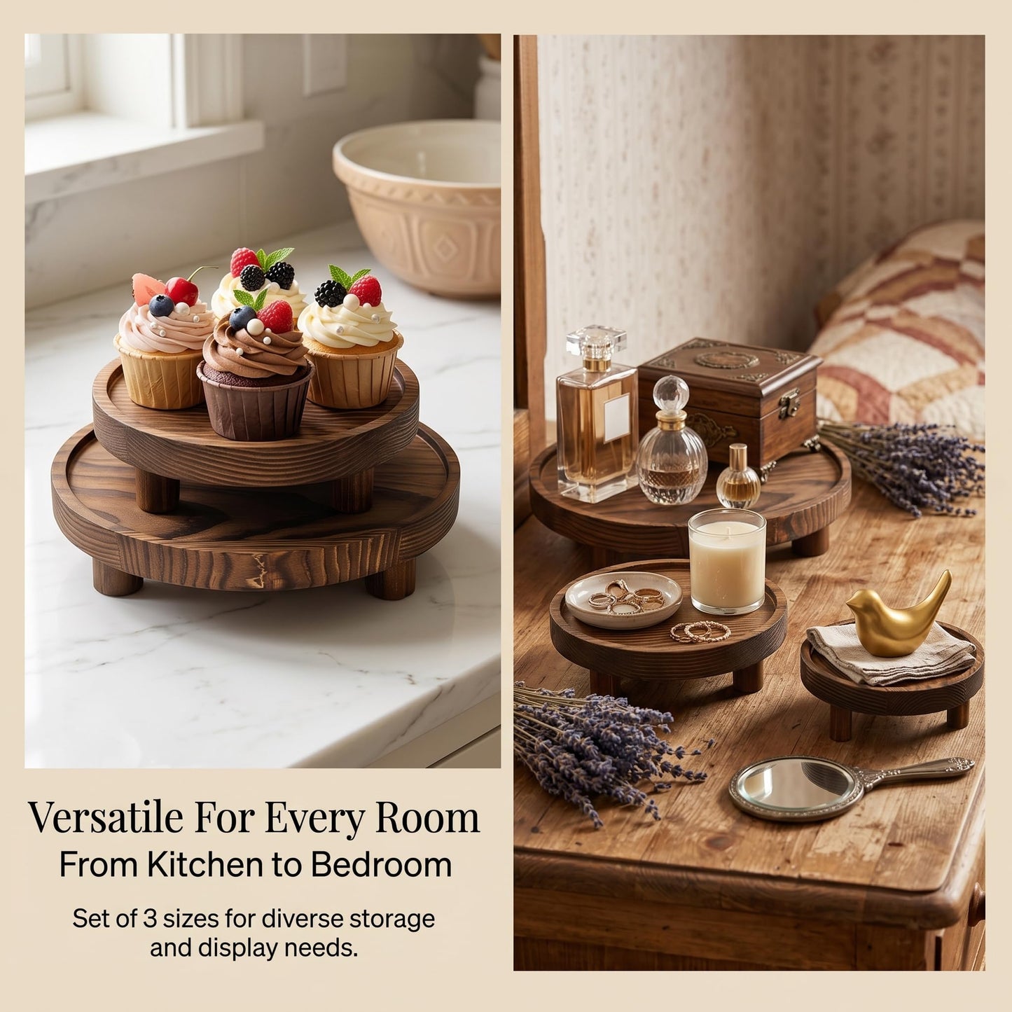 QZV 6 PCS 5/6/8 Inch Wooden Risers for Display Wood Pedestal Stand Round Mini Tray Stand Rustic Riser Tray Tiered Tray Decor for Party, Wedding, Birthday, Baby Shower,Home Décor