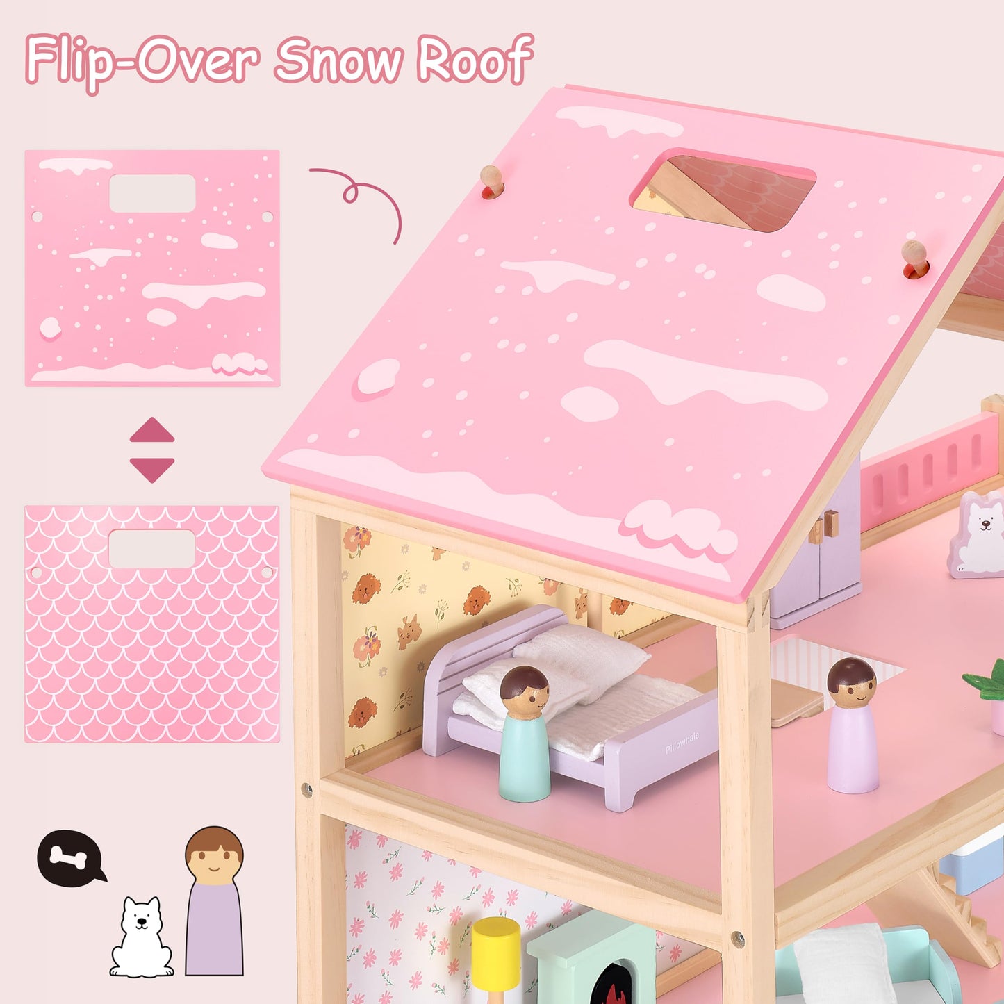 Pillowhale Wooden Dollhouse for Girls 3-Story Open Layout Playhouse with Furniture Accessories Pretend Play Role-Playing Toy Birthday Gift for Kids Ages 3+