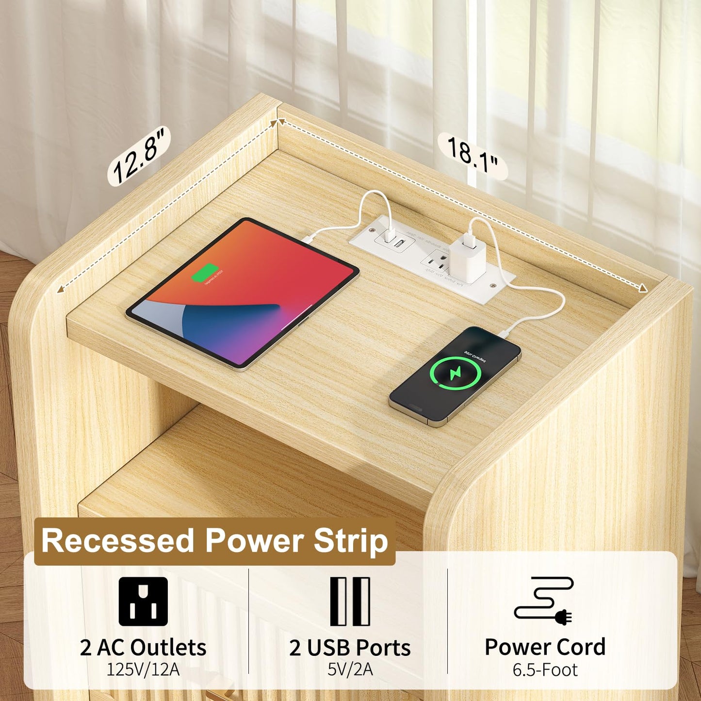 Curlaky Night Stand with Charger Station - Modern Wood Nightstand with Drawer Storage, Fluted Wide Nightstands Bedside Table, Mid Century Night Stands for Bedroom Home Office Sofa, Natural