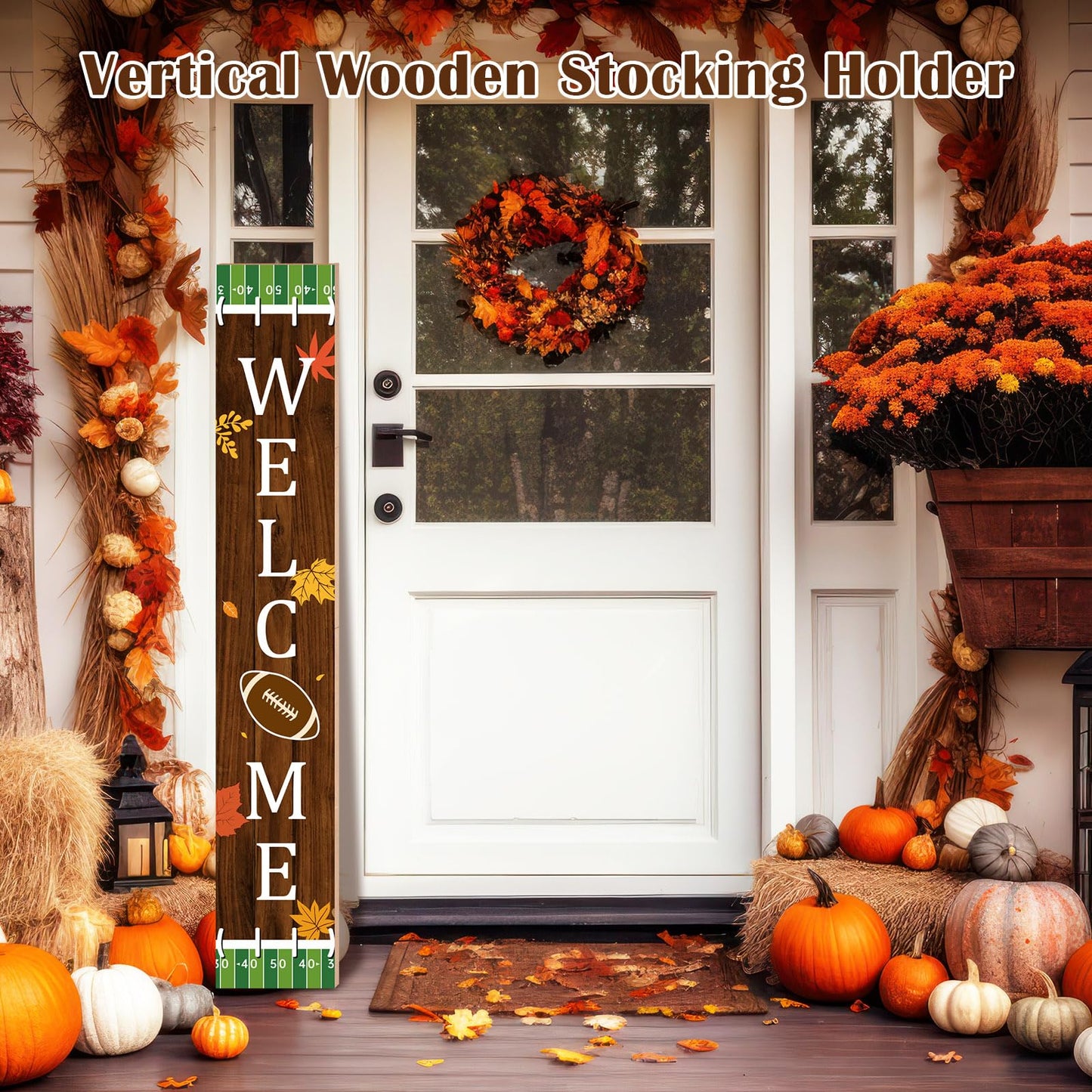 Chunful Football Welcome Sign for Front Door 47 in Fall Football Vertical Porch Decor Rustic Fall Wooden Standing Hanging Plaque for Autumn Harvest Thanksgiving Home Farmhouse Yard Decor