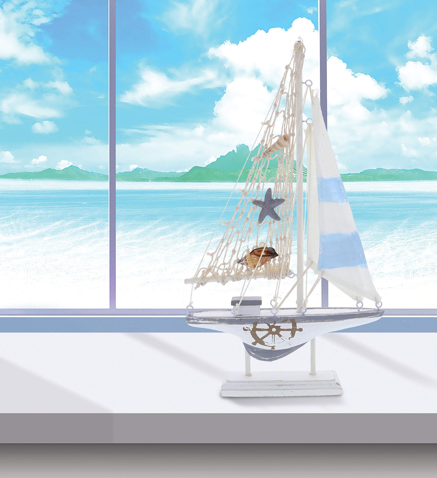 CoTa Global Moonlight Sailboat - Handmade Wooden Sail Boat Decor, Cute Beach Style Model, Nautical Themed Table Top Living Room Centerpiece - 12.5 Inch