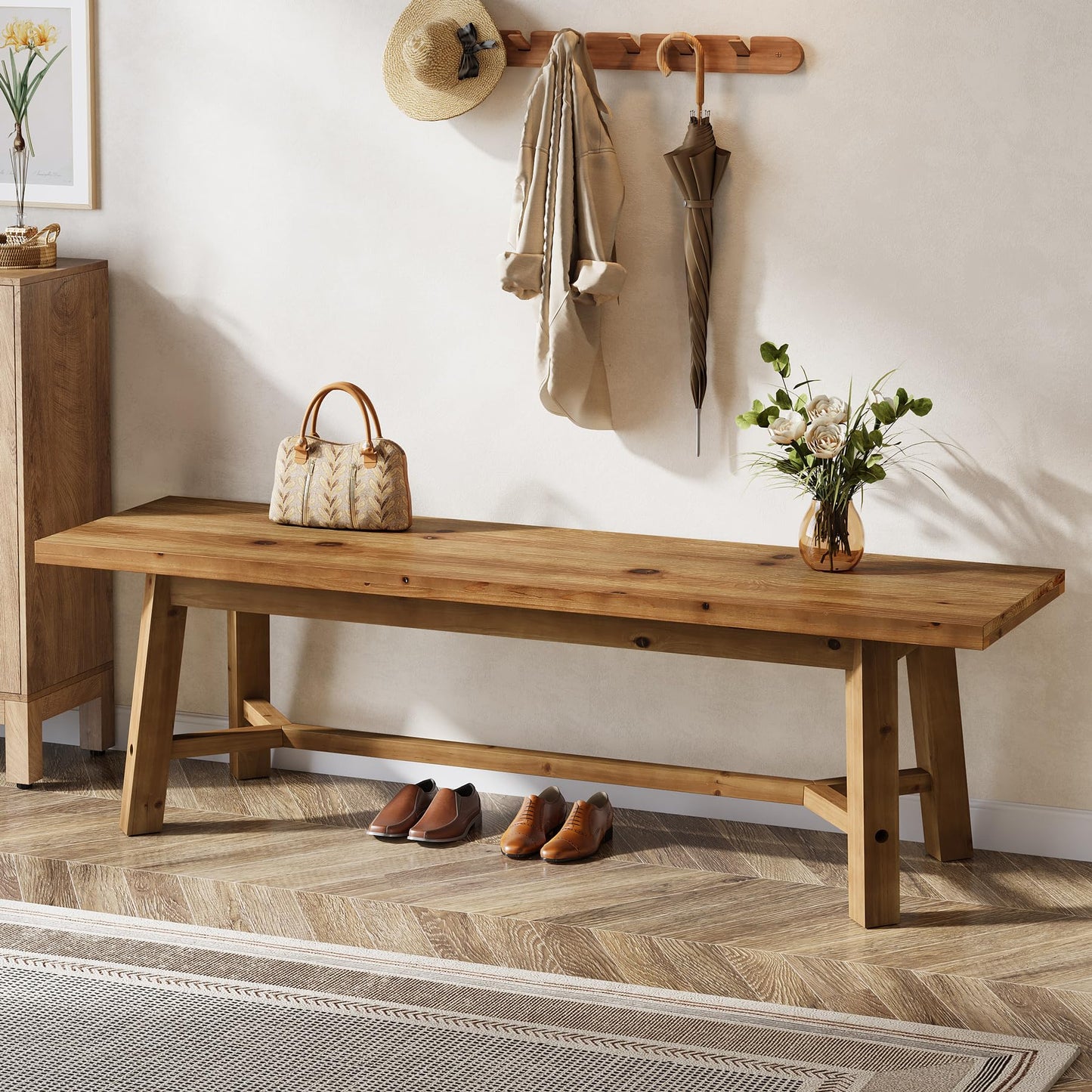 TRIBEWOOD 55" Solid Wood Bench, Farmhouse Long Bench Seat for Entryway, Dining Room, Living Room, Solid Wood, Rustic Brown