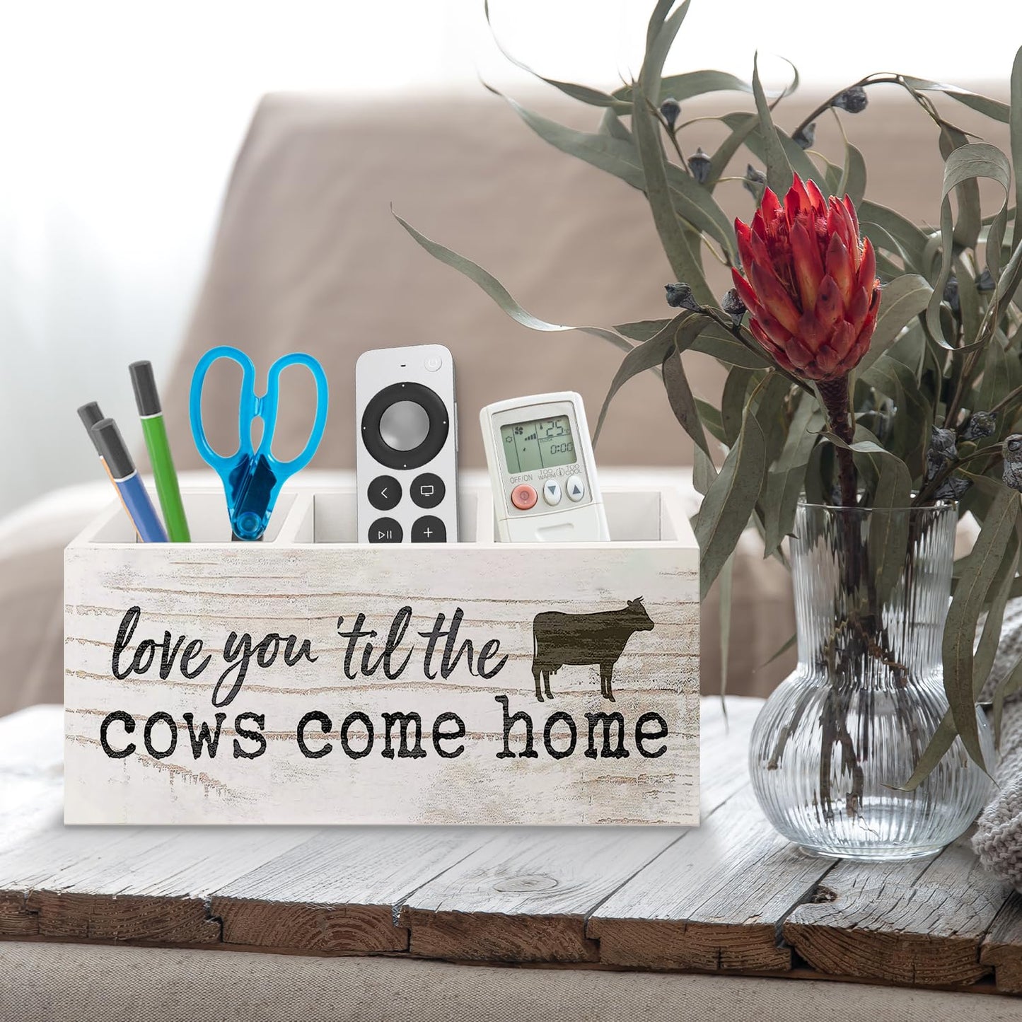 URLLUAE Funny Cow Wooden Pen Pencil Holder for Office Desk Accessories, Cow Lover Gifts, Love You 'Til the Cows Come Home Makeup Brush Toothbrush Holder Organizer for Bathroom