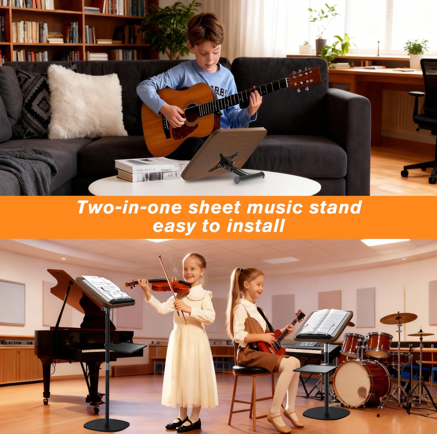 NAMON 2-in-1 Wooden Music Stand, Floor & Tabletop Sheet Music Stand with Page Clips & Tray, 16.5"-51" Adjustable Height, Ideal for Violin, Guitar, Conductors & Classroom (Walnut Effect)