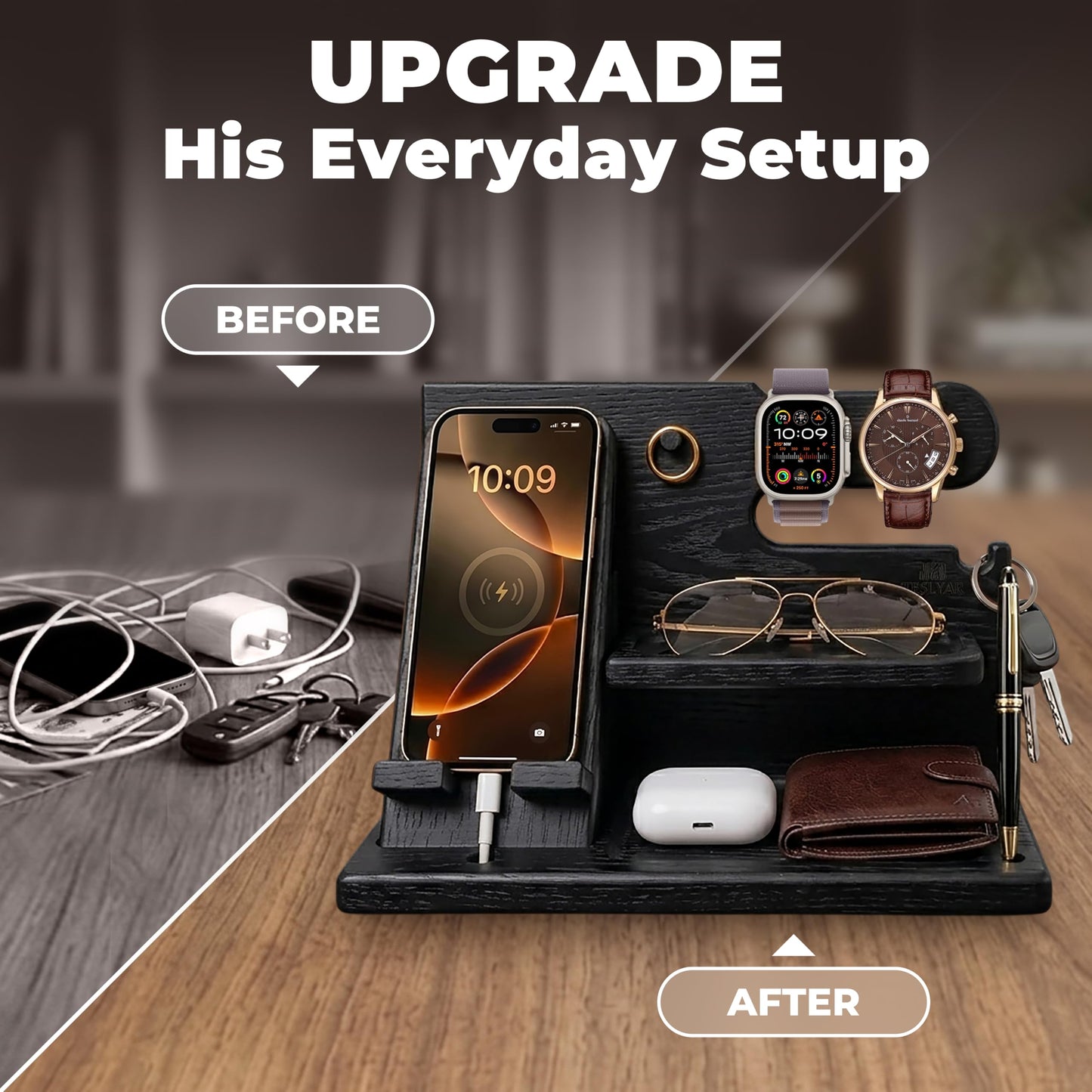 TESLYAR Wood Phone Docking Station for Men - Desk or Nightstand Organizer - Birthday Gifts for Husband, Dad - Anniversary Idea from Wife - Key Holder, Stand Wallet, Watch & Essentials (Granite Black)