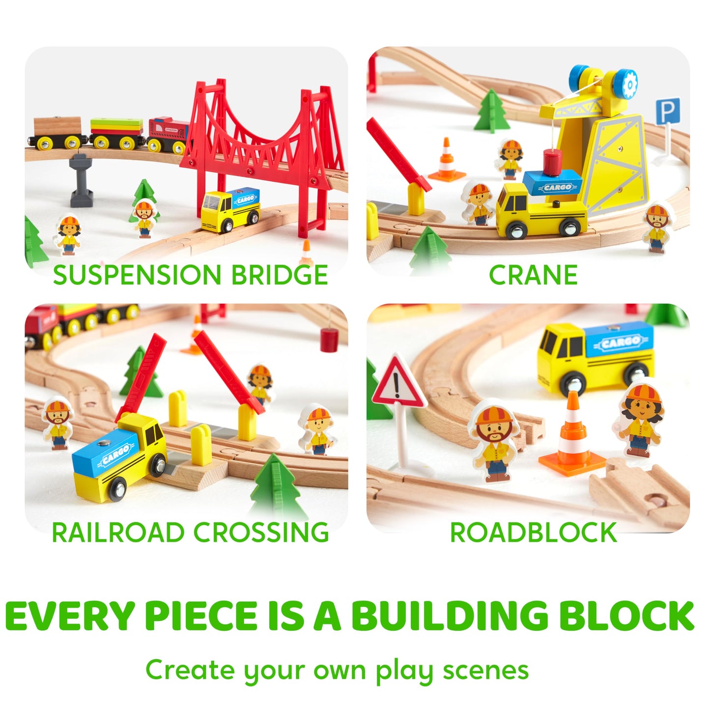60PCS Wooden Train Set - Toy Magnetic Trains with Wooden Track Set for Kids Ages 3-8, Construction Crane Railway Set, Perfect Easter Birthday Gift for Grandkids Toddlers Boys Girls