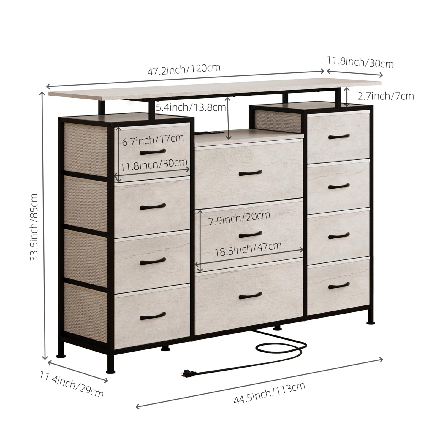 LUMTOK 11 Drawers Dresser with Fabric Drawers,Charging Station, LED Lights and Shelves for Bedroom Storage Organization (Greige)