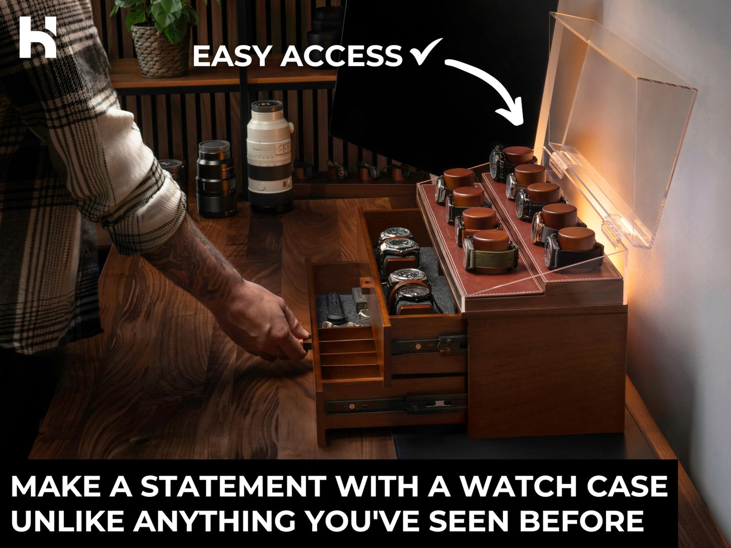 Premium 17 Slot Watch Box for Men - Extra Large Wooden Watch Display Case with Hinged Cover, Leather Lining & 2 Drawers - Watch Holder Organizer Stand - Handcrafted Luxury Father's Day Present for Men
