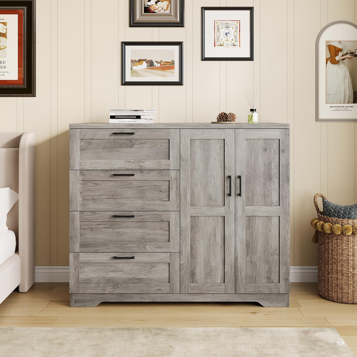 IDEALHOUSE 43.3'' H Armoire Wardrobe Closet with 4 Drawers and 2 Doors, Hanging Rod, Multifunctional Wooden Dresser with Storage Closet, Bathroom Cabinet for Bedroom, Gray