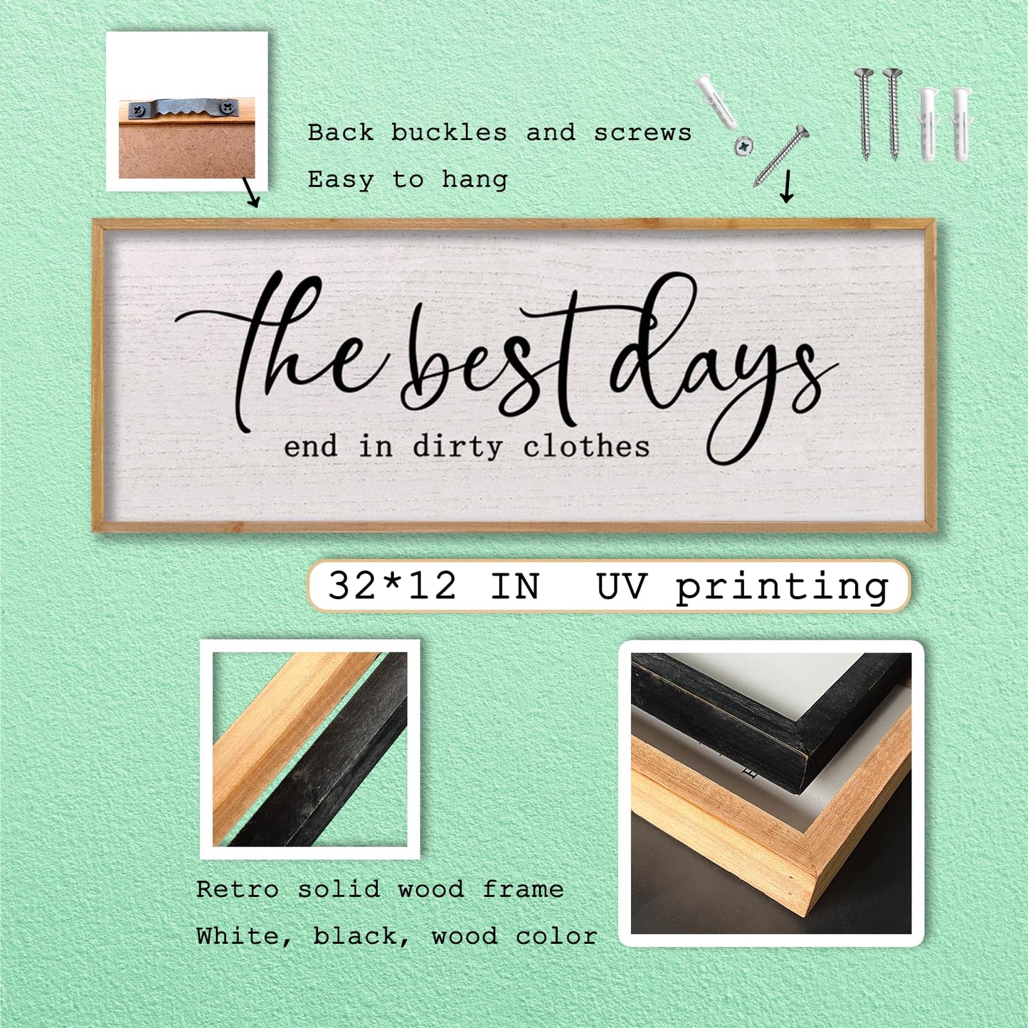 LuZhiQiang Funny Laundry Wall Decor The Best Days End in Dirtiest Clothes 32"×12" Humor Quotes Signs for Laundry Room Bathroom Restroom Large Rustic Farmhouse Wooden Framed Wall Hanging Art (Wood)