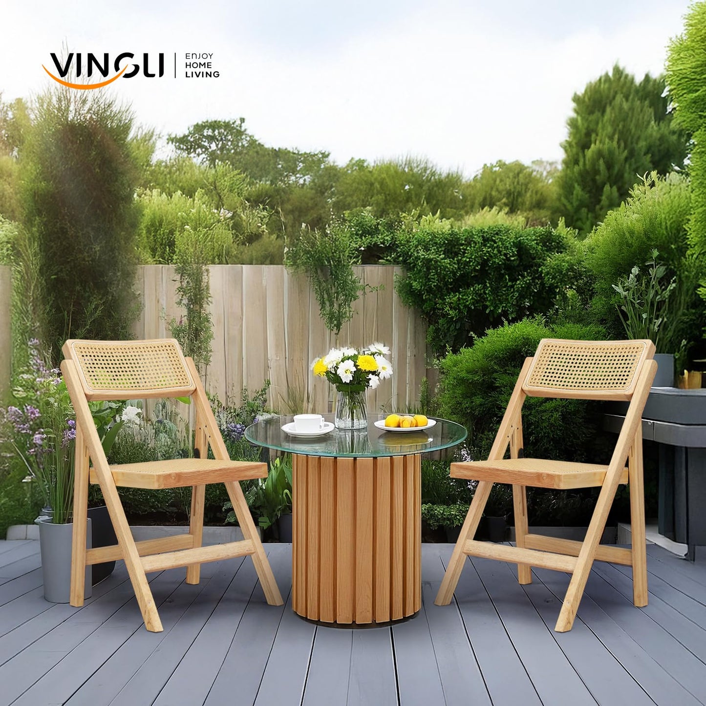 VINGLI 2 Pack Rattan Wooden Folding Chair, Dining Folding Chair with 360° Swivel Backrest, Sturdy Rubberwood Frame and Rattan Woven Seat and Back, Natural Color, Set of 2
