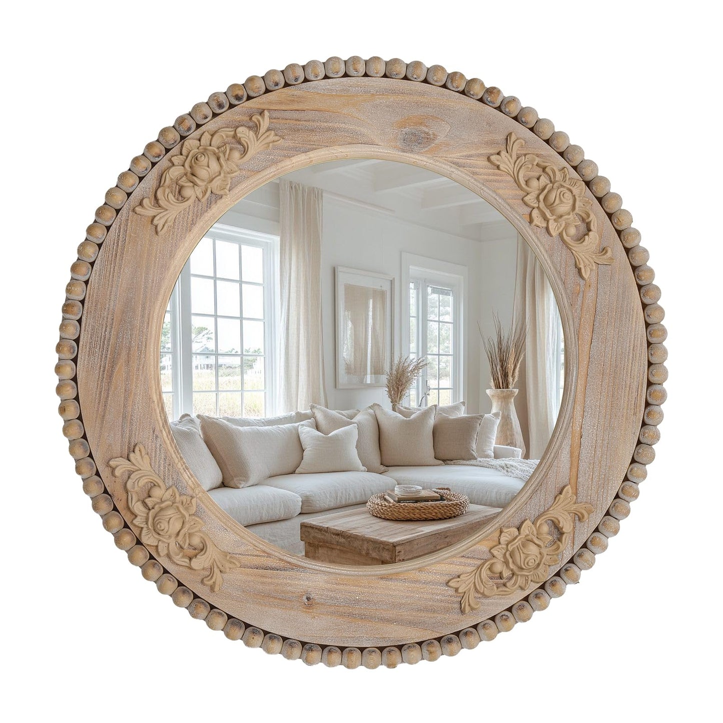 sawsile Round Wood Mirror,24 inch Circle Rustic Farmhouse Natural Wooden Frame Boho Beads Wall Mirror for Bathroom,Living Room,Bedroom or Entryway