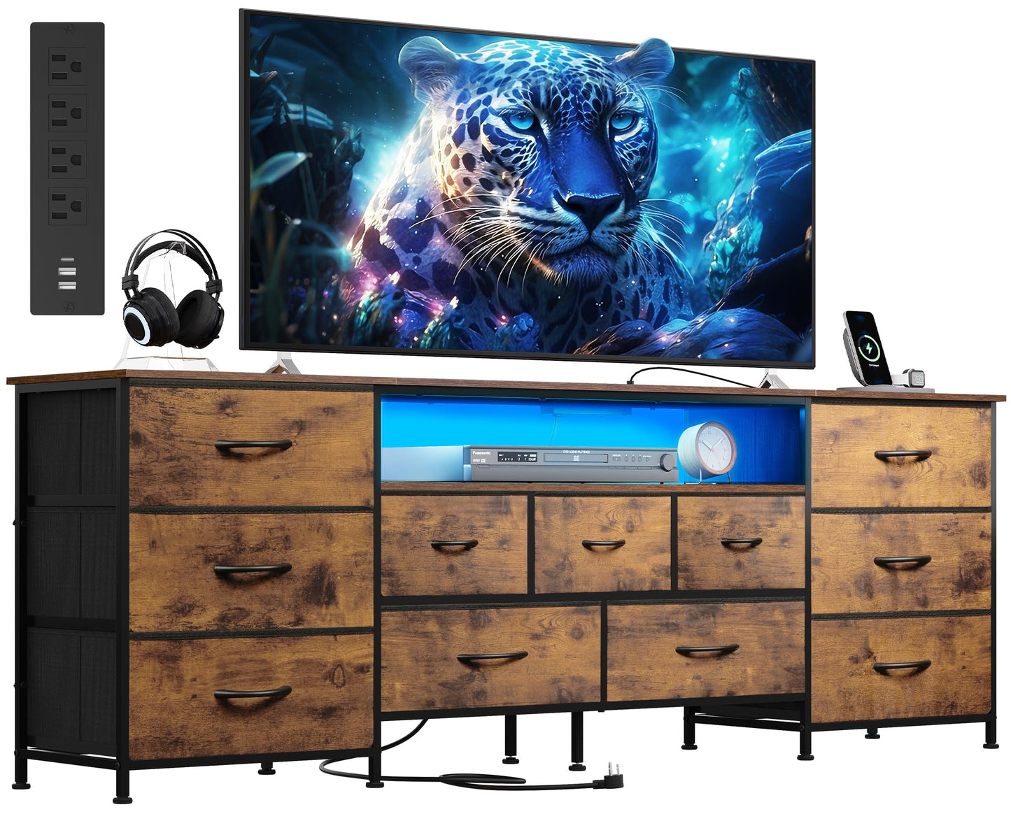 WLIVE 75.5" TV Stand for 65, 75, 80, 85 Inch TV, Dresser for Bedroom with Power Outlets & LED Lights, 11 Drawer Fabric Dresser with Open Shelves, Entertainment Center with Storage, Rustic Brown