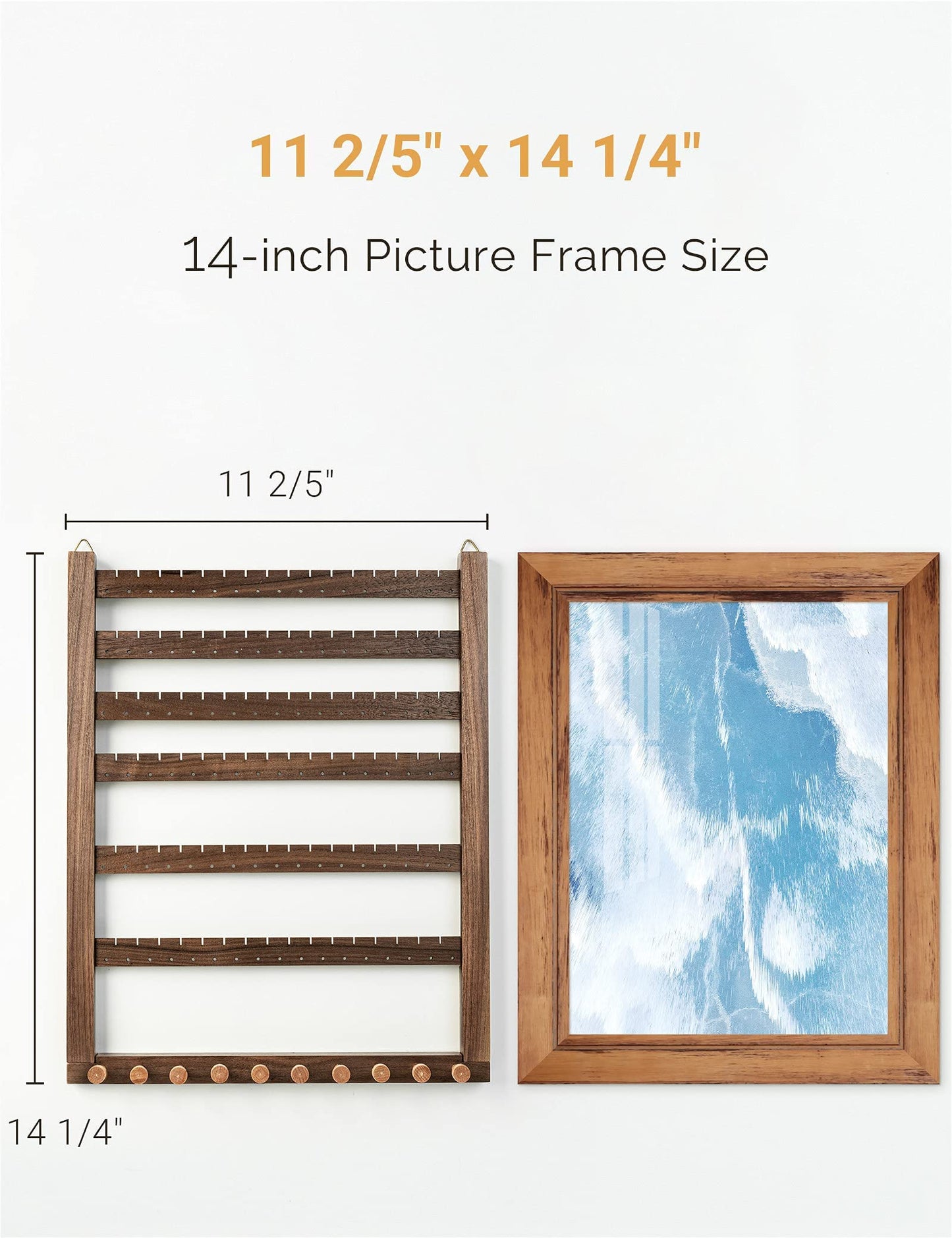 Mymazn Easy Assemble Solid Walnut Wood Earring Wall Holder Hanging Jewelry Organizer Necklace Holder Earring Hanger Wall Mount Jewelry Organizer for Necklaces Rings Scruncies Organization
