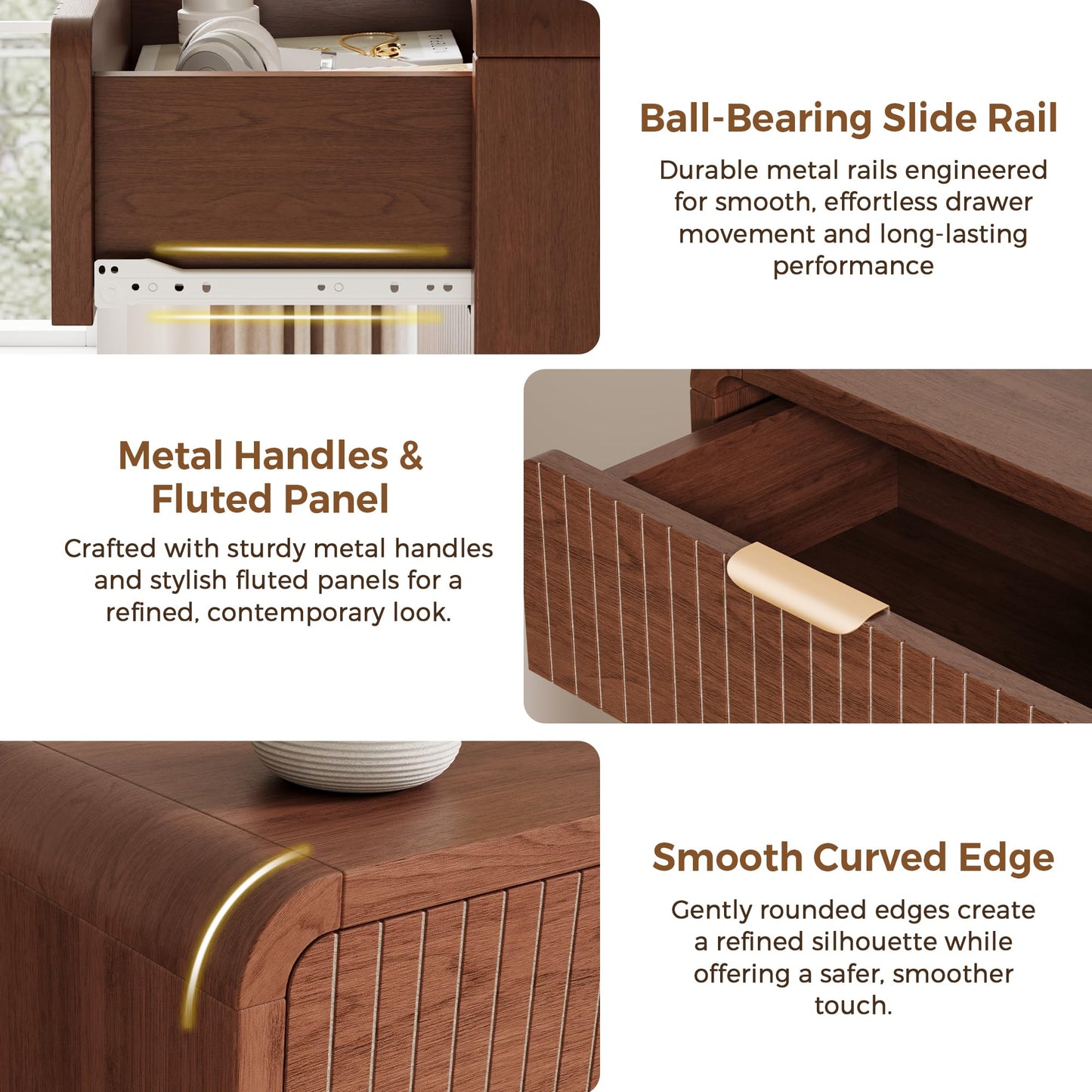 Jocoevol Fluted 5 Drawer Dresser, 43" Tall Dresser Chest of Drawers Curved Profile Design, Wood Mid Century Vertical Dresser Natural Texture for Bedroom, Walnut Dresser