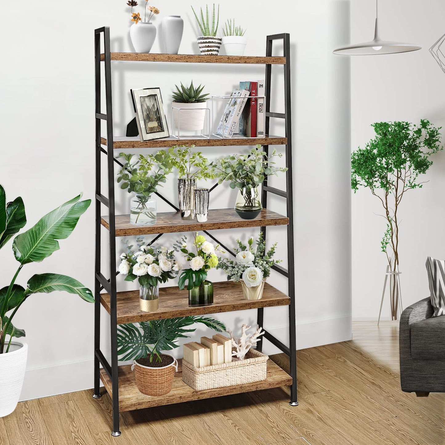 TooCust 5 Tier Ladder Bookshelf, Heavy Duty Rustic Brown Wood and Metal Bookcase with 1.2" Thick Shelves, 63" H x 30" W x 14" D, Industrial Open Storage Shelving for Living Room, Bedroom, Kitchen