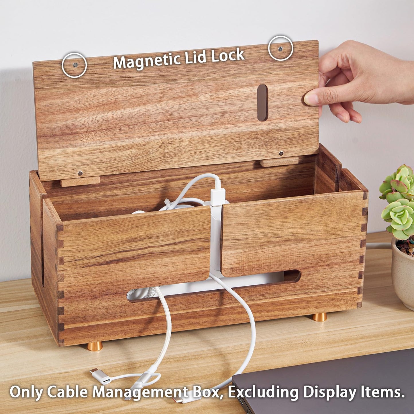 SARUFO Acacia Wood Cable Management Box - Wooden Cord Hider with 4 Metal Feet, Organizer for Desk & Floor, Power Strip TV Wire Concealer, Under Desk Storage for Office, Home Electrical Cables