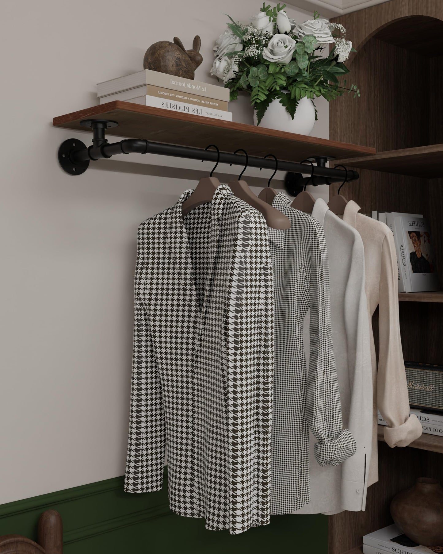 TEDIDUWA Clothes Rack 36in, Wall Mounted Garment Rack with Real Wood Shelf, Heavy Duty Hanging Clothes Rack, Multi-Purpose Hanging Rod, Space-Saving Closet Storage