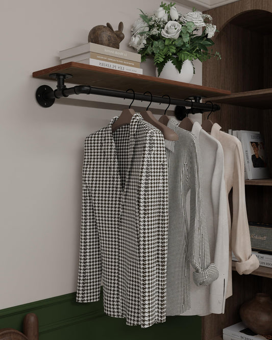 TEDIDUWA Clothes Rack 36in, Wall Mounted Garment Rack with Real Wood Shelf, Heavy Duty Hanging Clothes Rack, Multi-Purpose Hanging Rod, Space-Saving Closet Storage