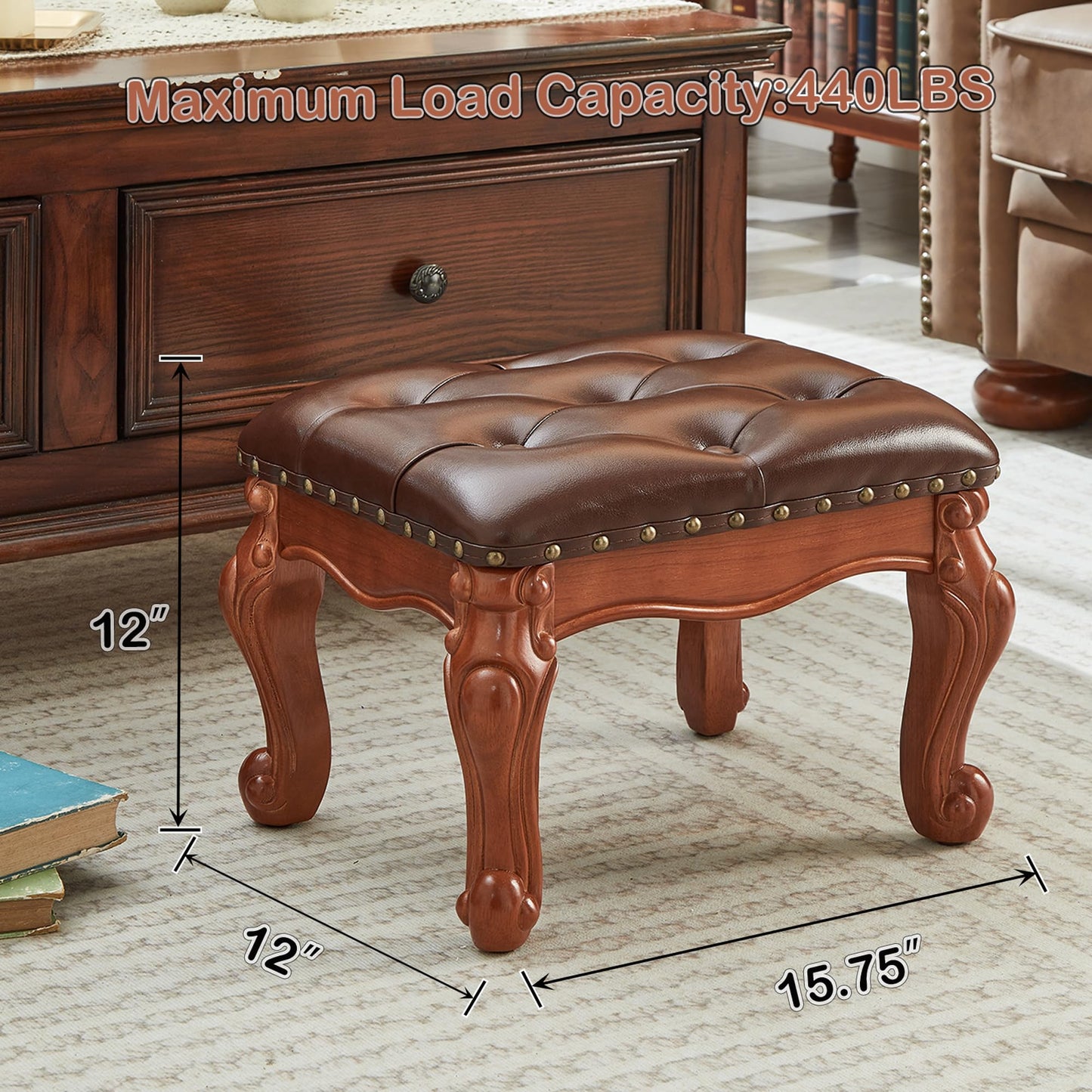 KUKEJCM Foot Stools Ottoman, Small Vintage Leather Footstool for Living Room, Solid Wooden Ottoman Foot Rest,Shoe Change Bench at the Entrance (Warm Brown)