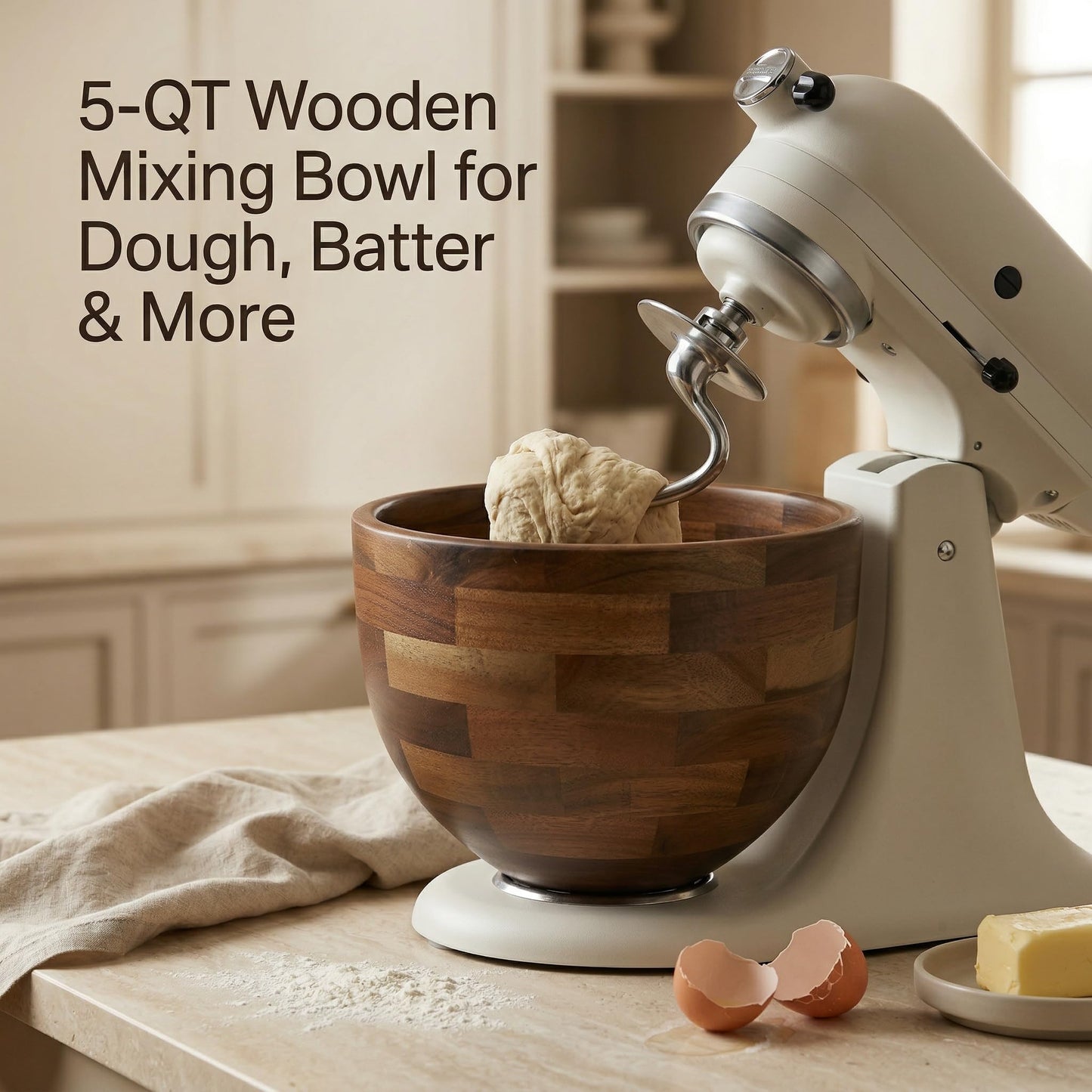 Handcrafted Wood Mixing Bowl for KitchenAid Tilt-Head Stand Mixers, Natural Wooden Bowl with Stainless Steel Base, 4.5–5 Qt, Natural Wood