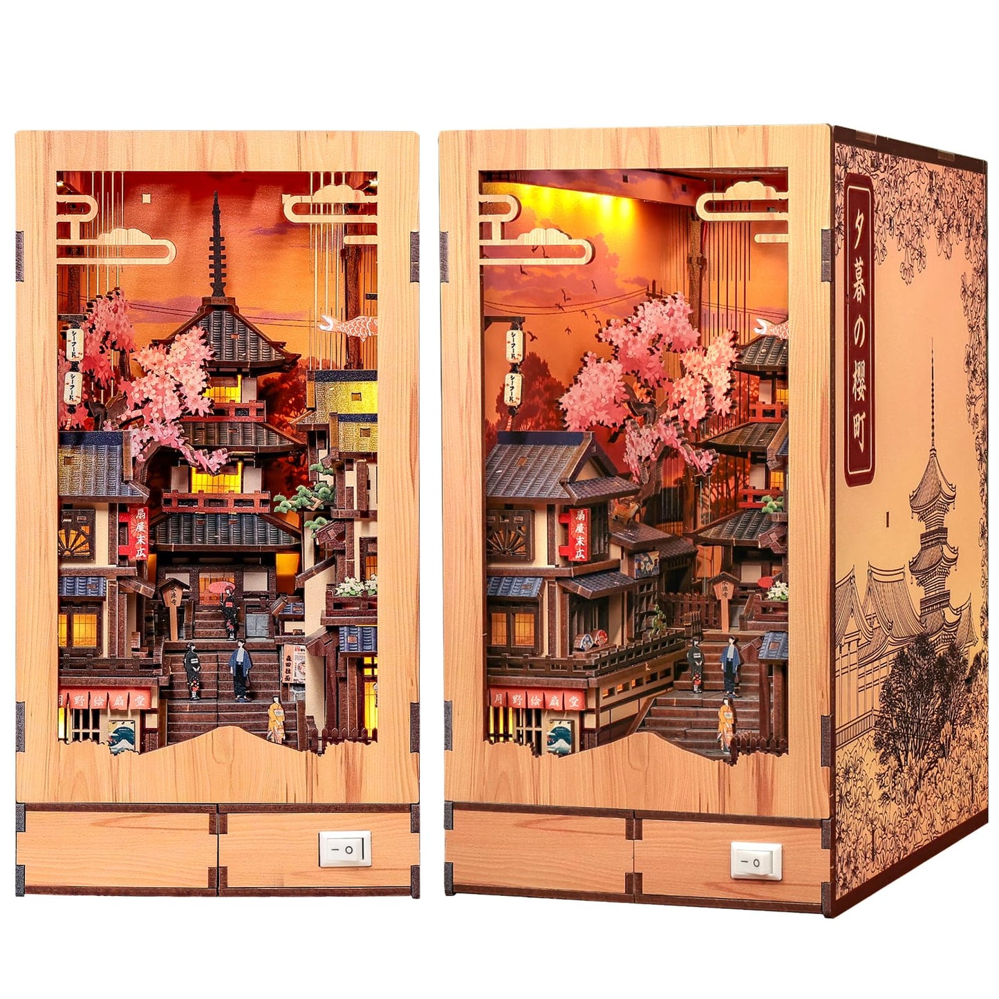 Cutefun Book Nook Kit - DIY Miniature Kyoto House Kit, 3D Wooden Puzzle 400+ Pcs Japanese Bookshelf Decor Bookend with LED, Fold-Out Cherry Blossom Alley Insert for Adults (Twilight Sakura Path)