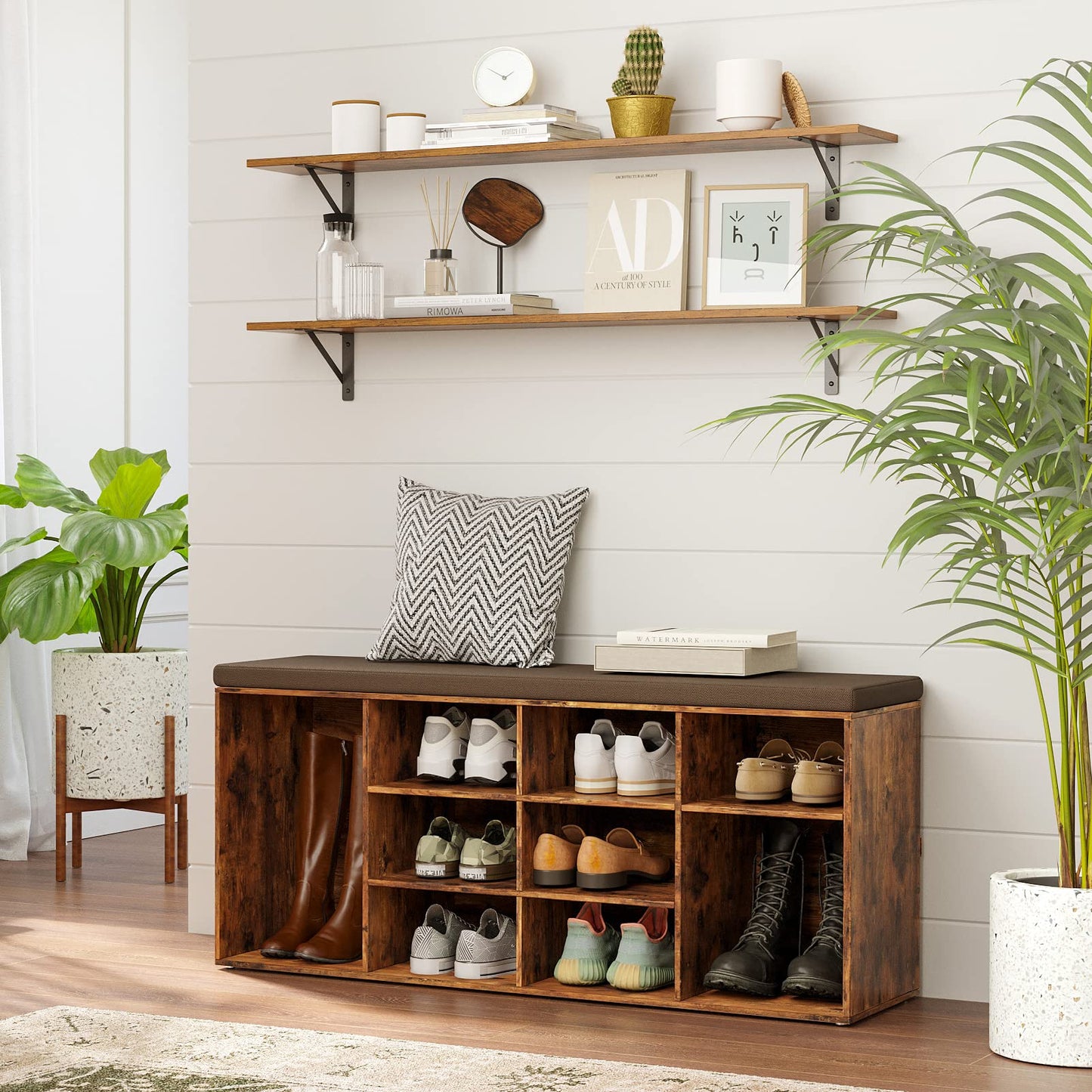 DINZI LVJ Long Wall Shelves, 47.3Inch Floating Shelves Set of 2, Extra Large Wall Storage Ledges with Sturdy Metal Brackets for Living Room, Bathroom, Bedroom, Kitchen, Rustic Brown