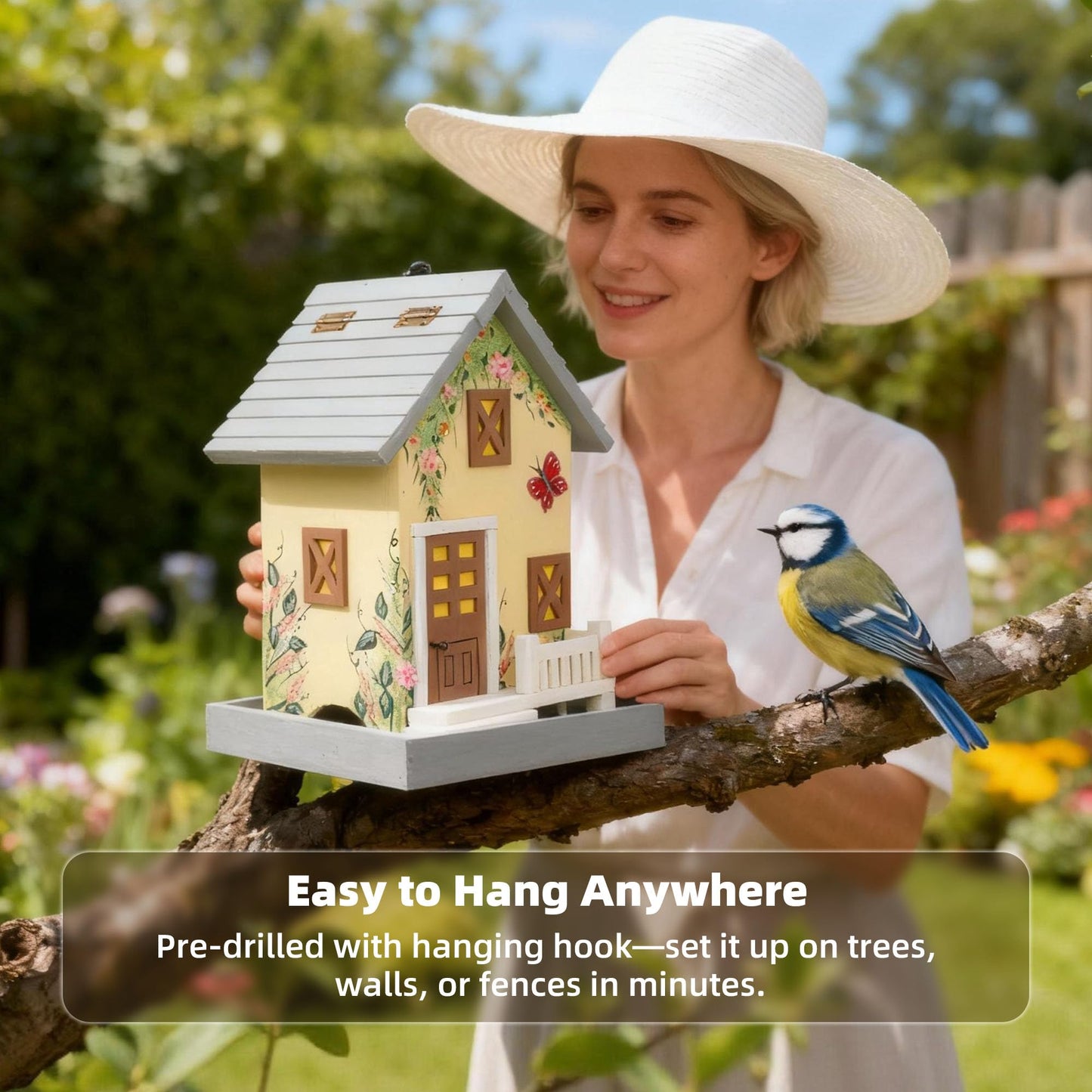 MEWANG Outdoor Hanging Bird Feeder, Decorative Wooden Bird House Without Camera for Hummingbirds, Cardinals & Bluebirds (Light Yellow)