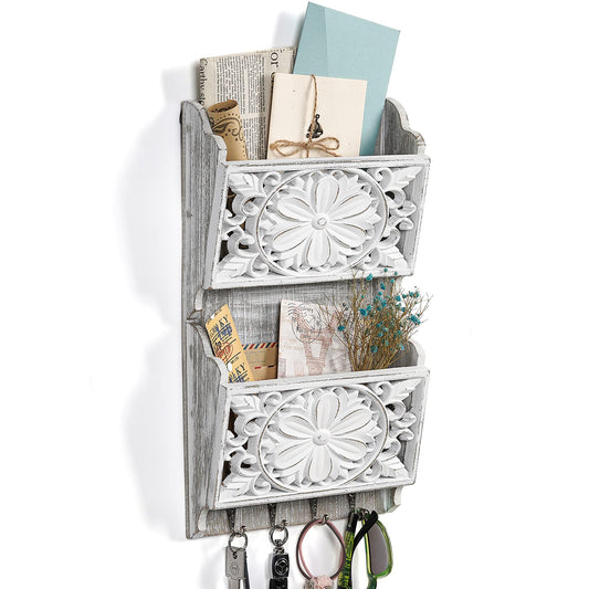Dhmkfly 2-Slot Mail Organizer Wall Mount with 4 Hooks, Rustic Key and Mail Holder for Home Decorative, Wooden Key Hangers Wall File Organizer Letter Sorter for Letter Magazines