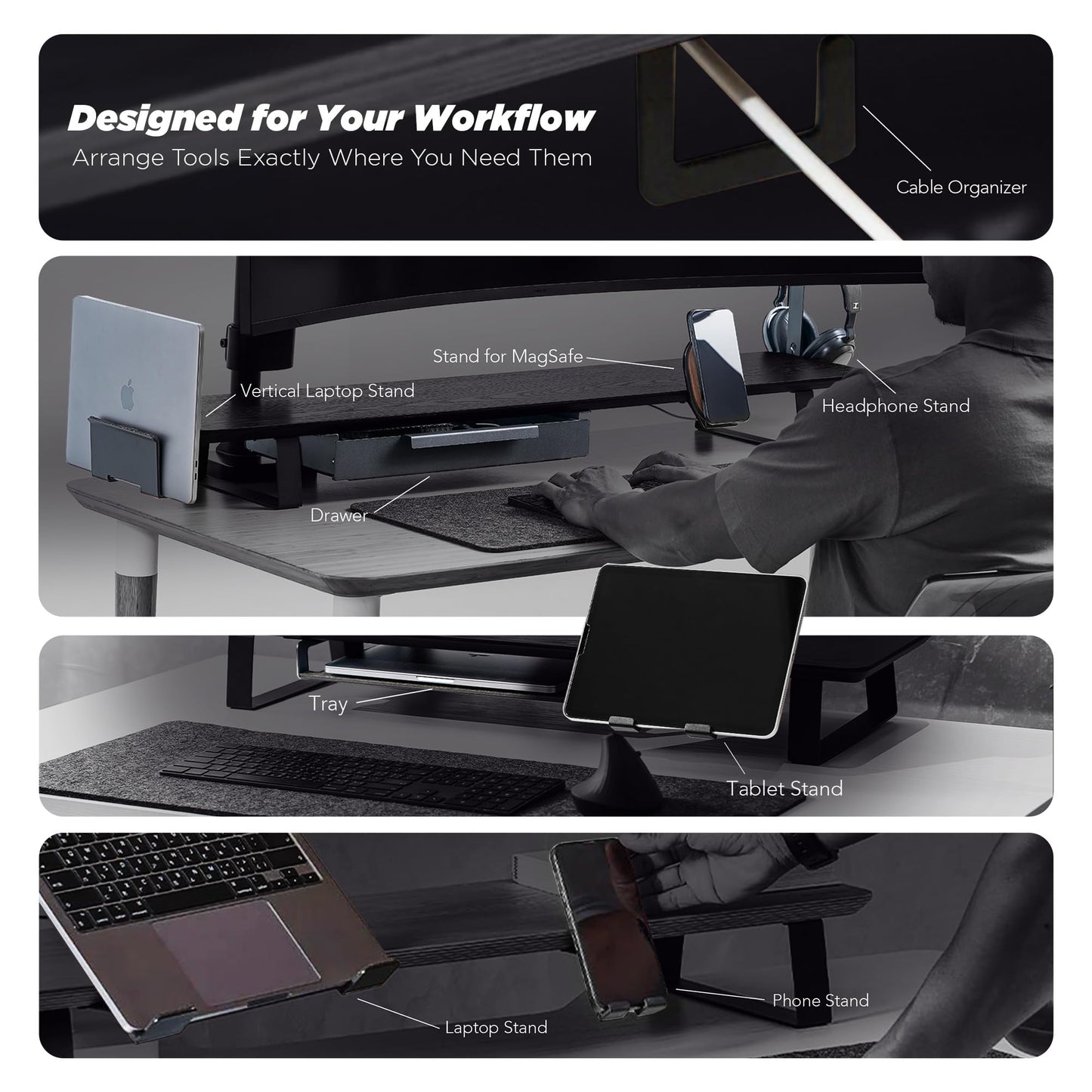 ULTRARM Moodular Add-ons Phone Stand for Magsafe (Charger Not Included) [Accessory Only - Requires Moodular Wooden Monitor Stand Slide Rails for Use] Black MSA-MS