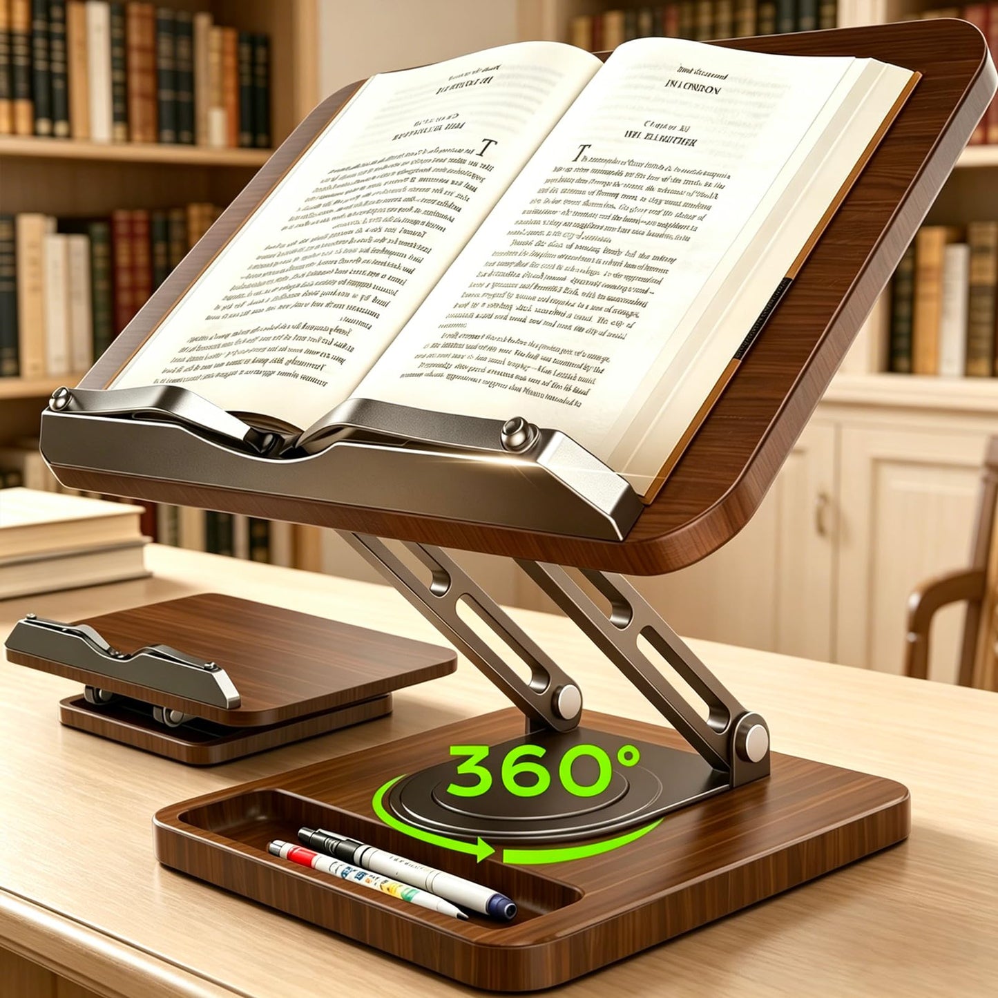 Book Stand for Reading, 360° Rotating Hands Free Book Holder with Storage, Adjustable Height & Ergonomic Cookbook Stand, Elastic Page Clips for Recipe Laptop Tablet, Foldable for Kitchen Office School