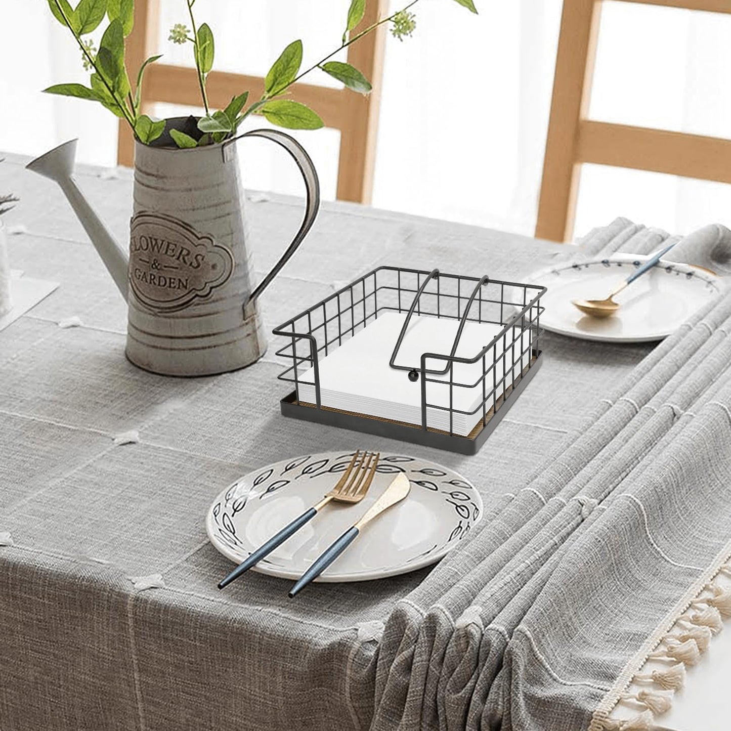 Homode Napkin Holder for Table, Farmhouse Napkin Holders for Paper Napkins, Flat Napkin Basket with Weighted Arm, Wood Kitchen Napkin Dispenser, Rustic Brown and Black