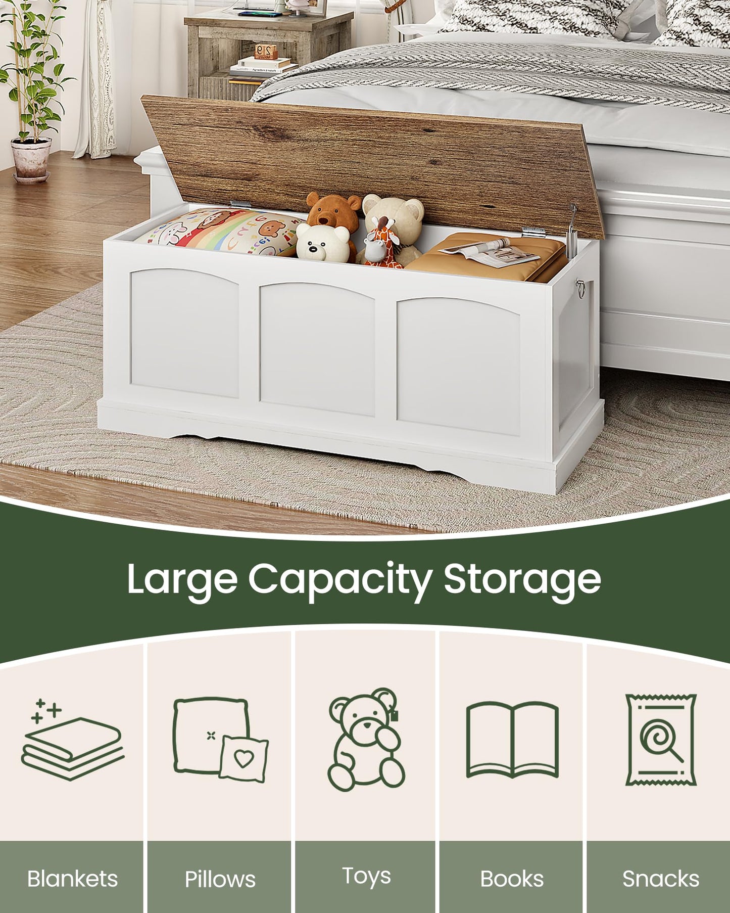 CHOEZON 39.4" Storage Chest Bench with Lift Lid, Toy Chest with Safety Hinge, Entryway Shoe Bench, Wooden Storage Trunk, Holds up to 220 lb, for Living Room, Bedroom, Hall, White and Walnut MCW12WL