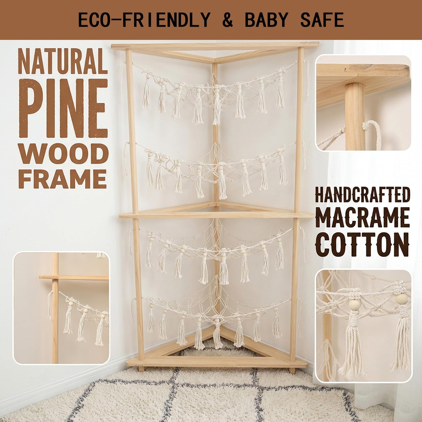 YKBU Wooden Corner Stuffed Animal Storage Organizer, 4-Tier Boho Macrame Toy Hammock Display Shelf, Free-Standing Open-Access Teddy Bear Zoo Holder for Nursery, Playroom & Kids Bedroom