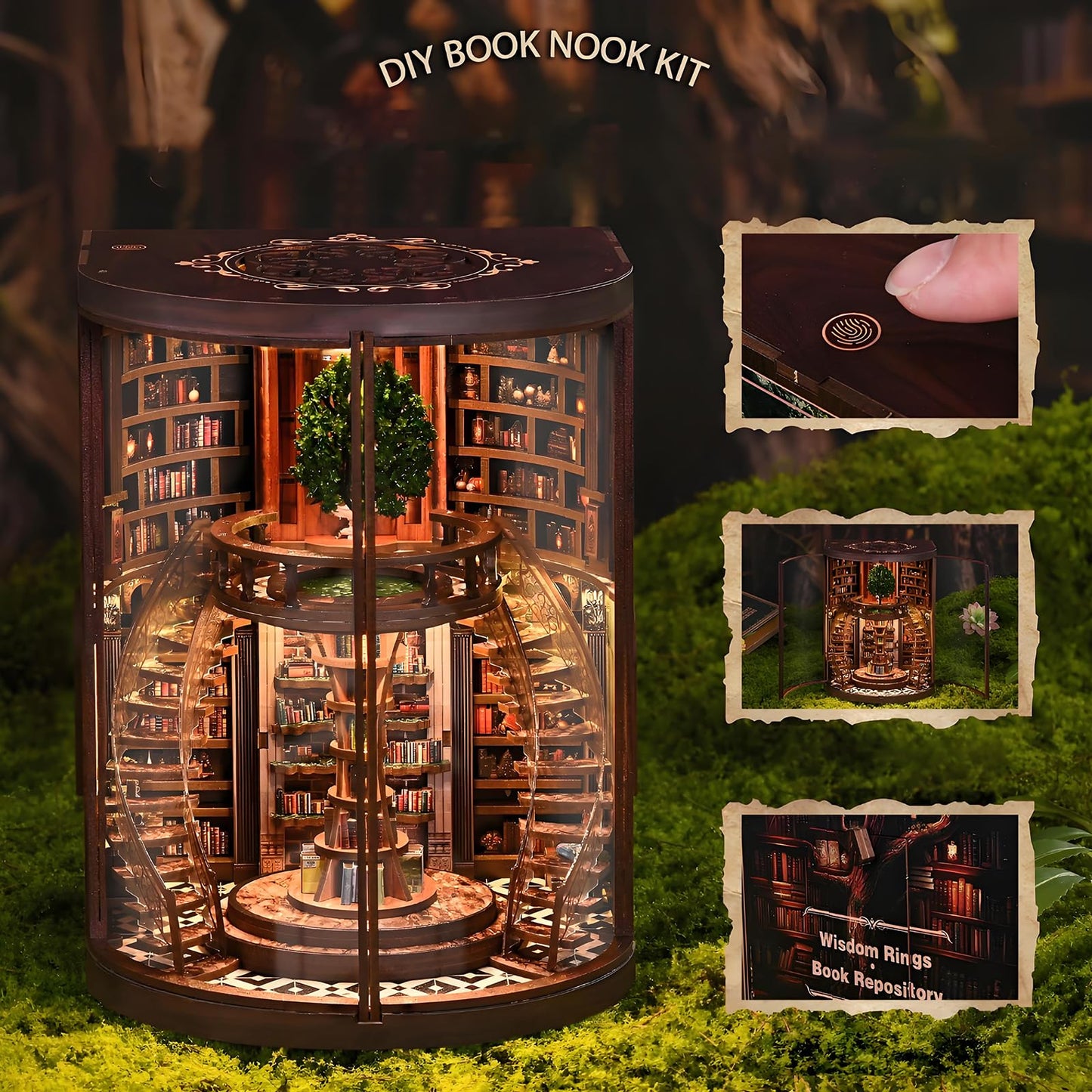 Ahilmrn Book Nook Kits for Adults Fantasy 3D Puzzle Library Booknook Kit with Dust Cover Wisdom Book Repository Round Bookshelf Decor Wooden DIY Spiral Staircase Miniature Dollhouse Book House