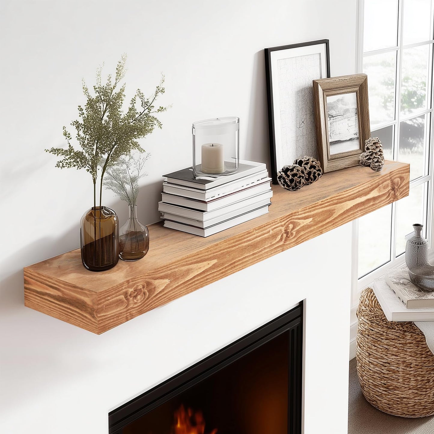 YLYHSST 48x3x7in Solid Wood Floating Shelf – Wood Natural Wall Mounted Fireplace Mantel Shelf – Heavy Duty Decorative Fireplace Mantel for Living Room, Kitchen, Bathroom, Bedroom